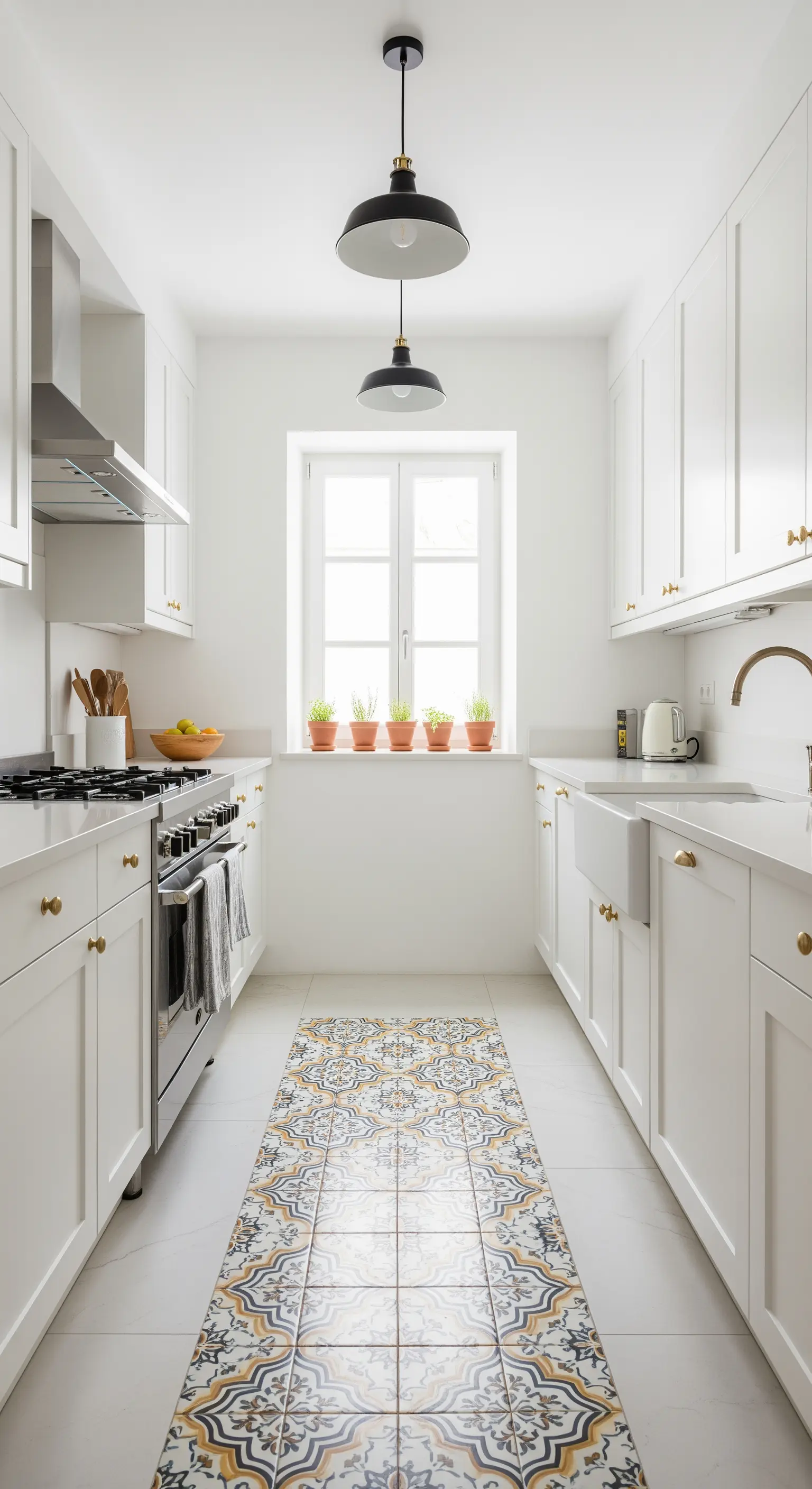 Cucina a corridoio bianca con un inserto di piastrelle decorate al centro del pavimento.