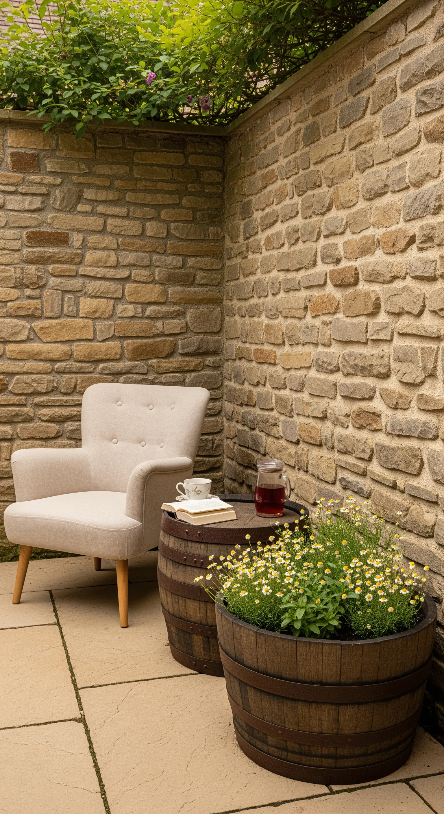 Angolo lettura in un patio con poltrona, una botte usata come tavolino e una come fioriera.