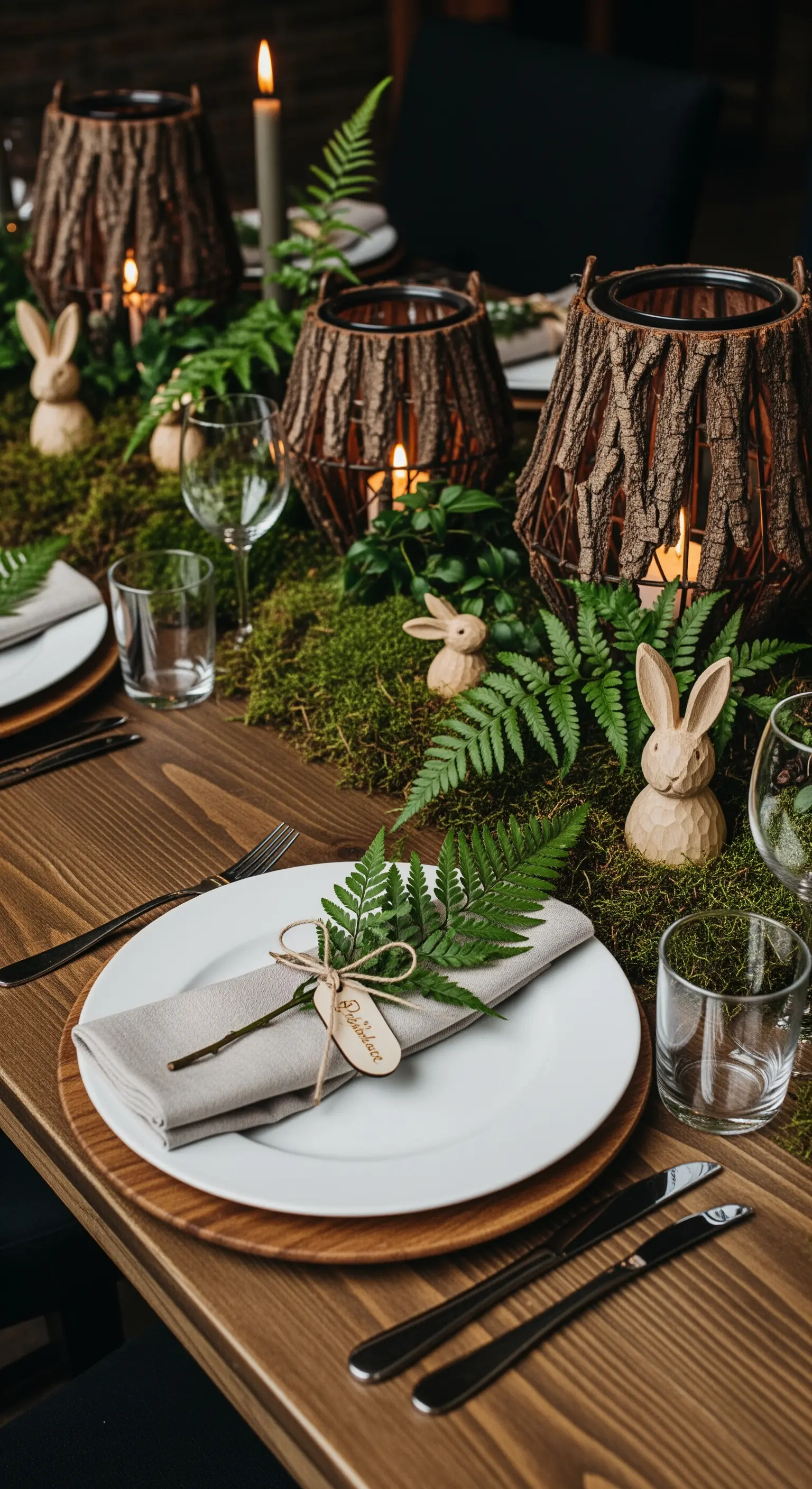 Tavola pasquale rustica con runner di muschio, felci, lanterne in corteccia e conigli in legno.