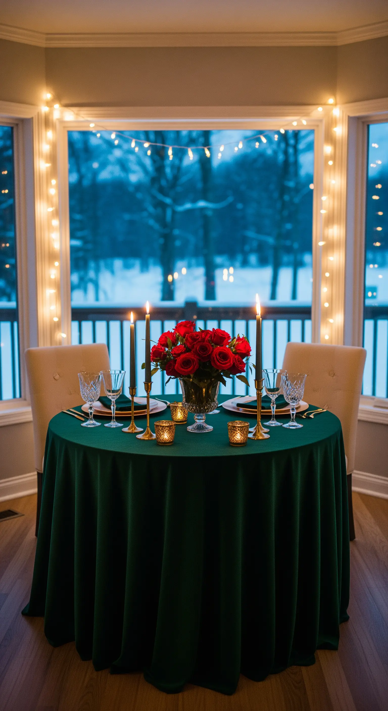 Tavolo intimo per due con tovaglia in velluto verde e rose rosse.