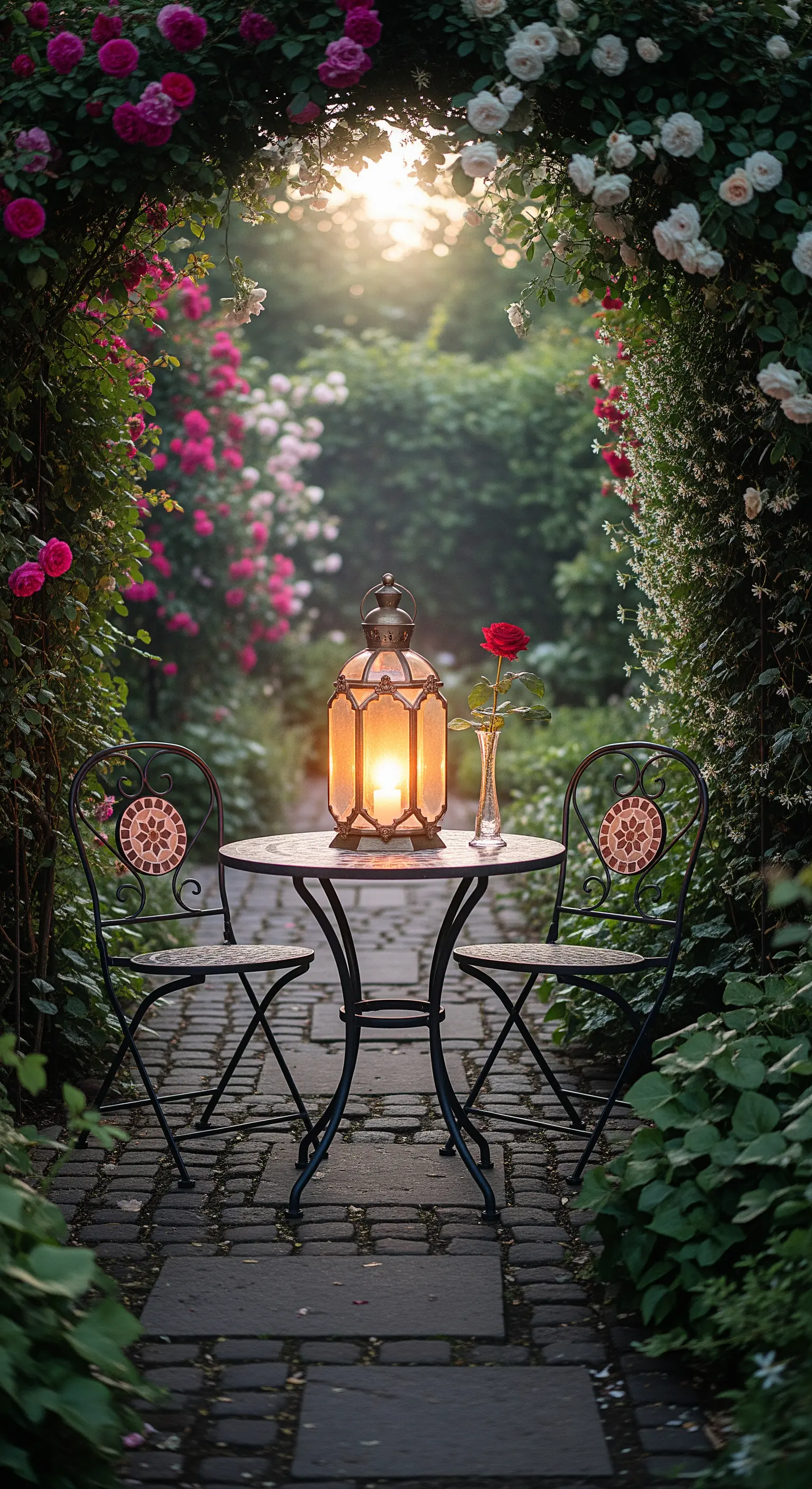 Tavolino per due in un giardino di rose, illuminato da una grande lanterna e una candela.