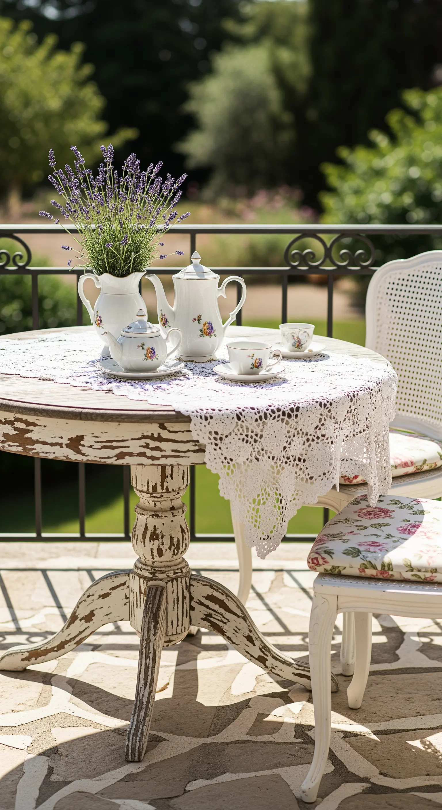 Tavolino da balcone decapato con servizio da tè in porcellana e un centrino di pizzo