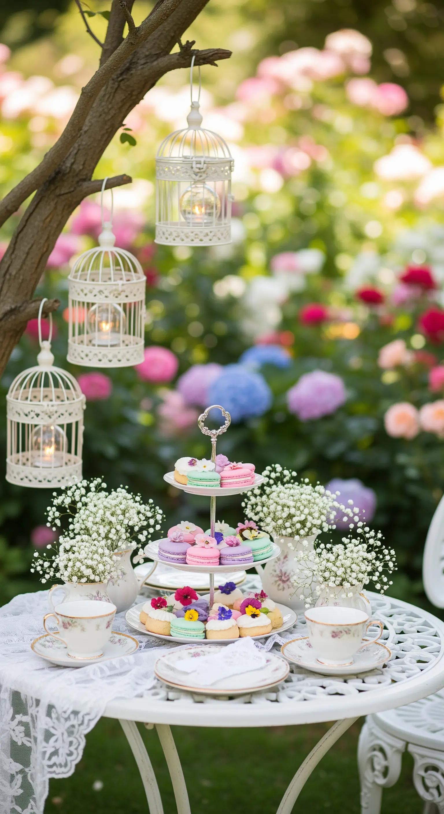 Tavolino da tè in giardino con alzatina di dolci e gabbiette bianche appese a un albero.