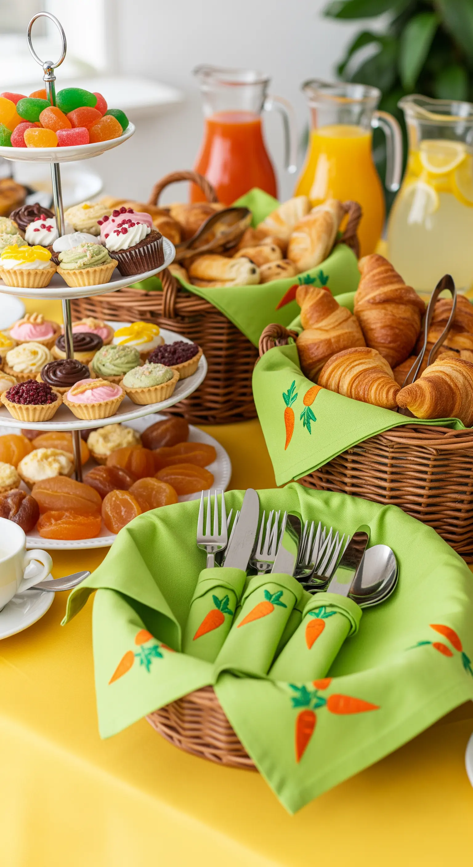 Buffet pasquale con cestini, tovaglioli verdi con carote e dolcetti.