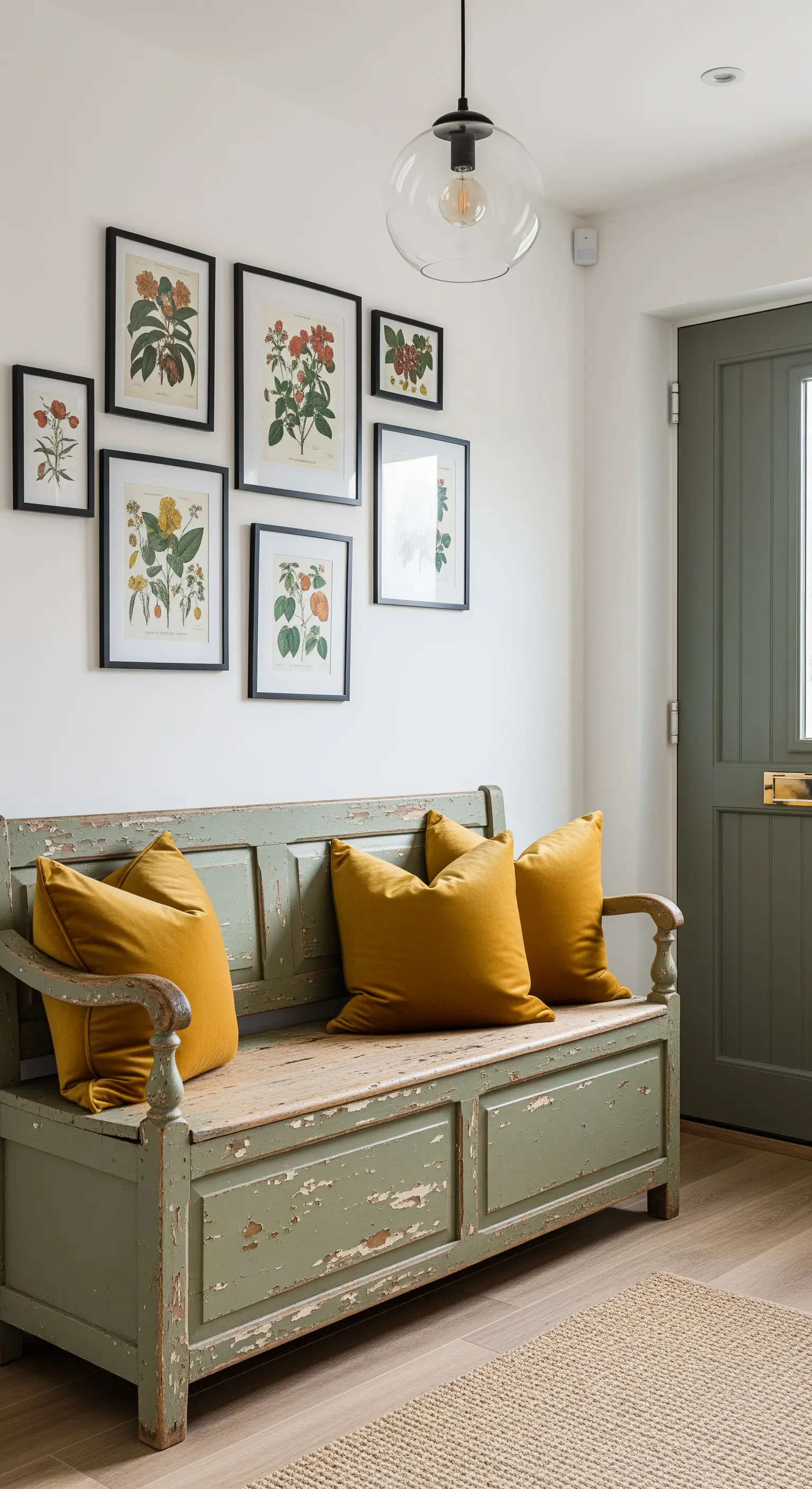 Panca vintage verde salvia con cuscini senape e una galleria di stampe botaniche.