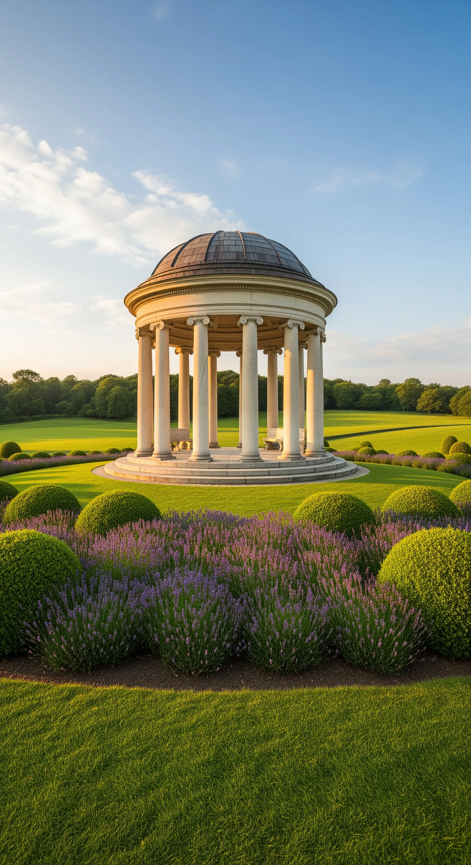 Rotonda classica con colonne bianche e cupola, circondata da un prato e cespugli di lavanda in fiore