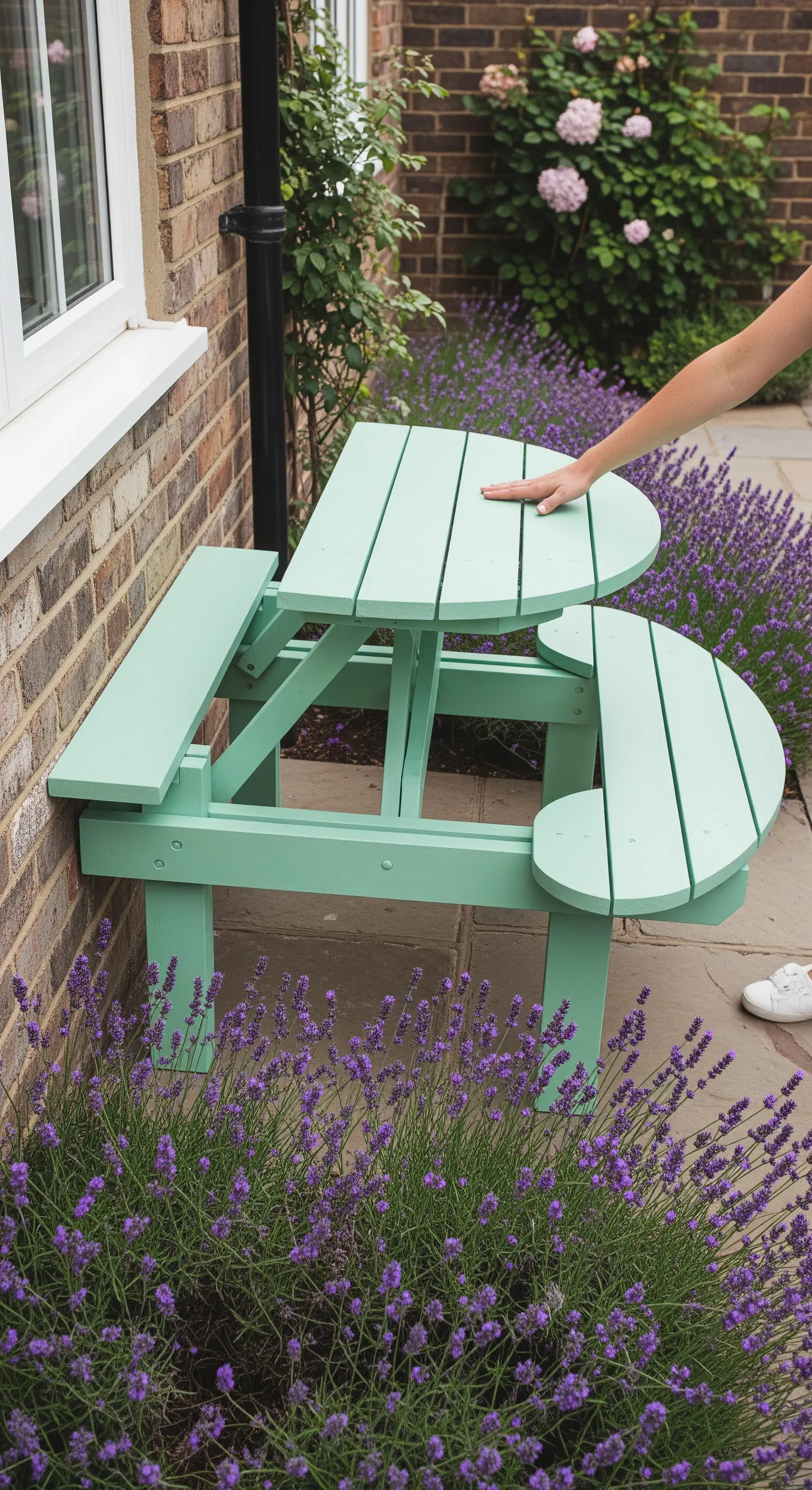 Mezzo tavolo da picnic color menta con sedute arrotondate, fissato a una parete di mattoni.