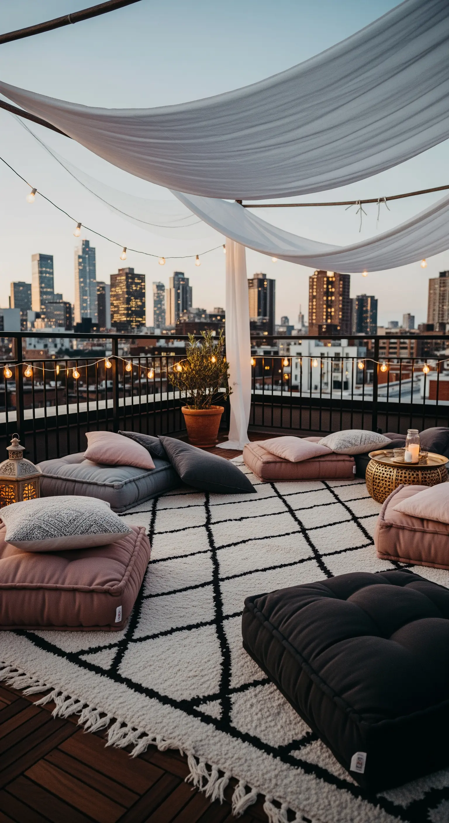 Terrazza panoramica con telo bianco sospeso, tappeto berbero e cuscini da terra.