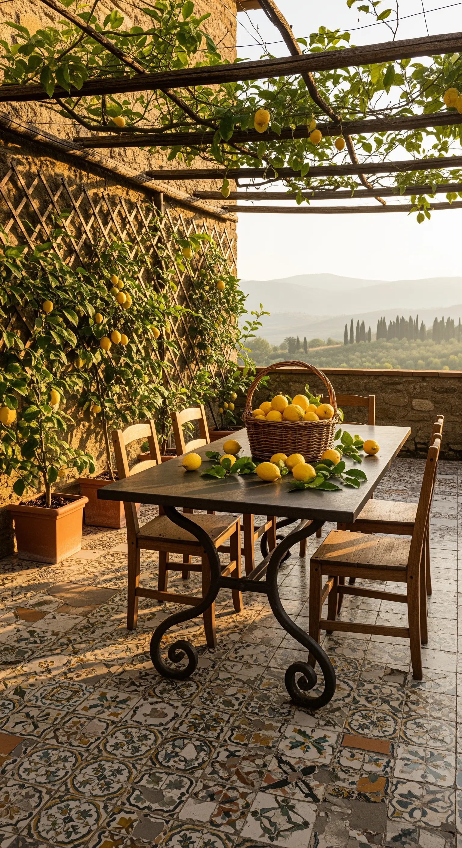 Tavolo da pranzo sotto una pergola ricoperta di piante di limoni in una villa toscana.