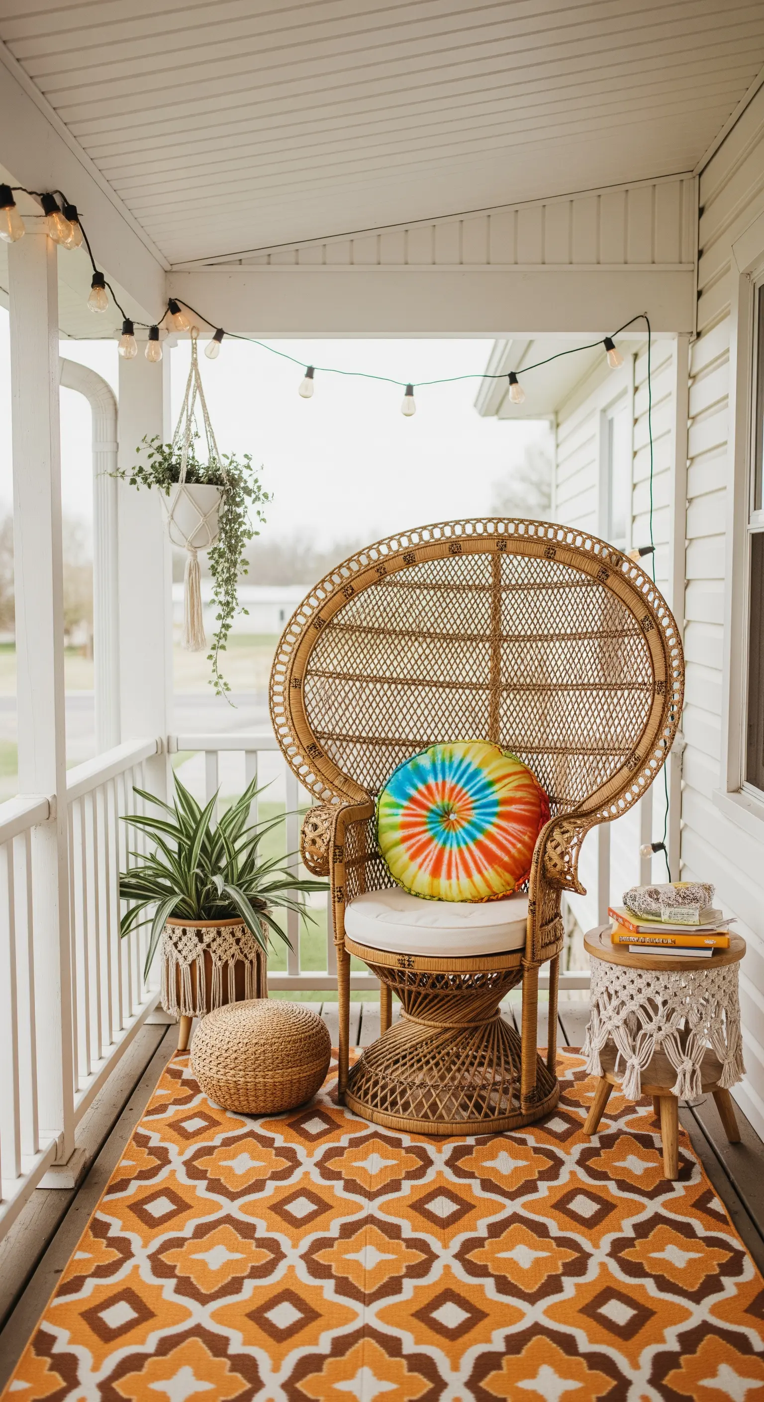 Veranda in stile anni '70 con poltrona peacock, cuscino tie-dye e tappeto geometrico.