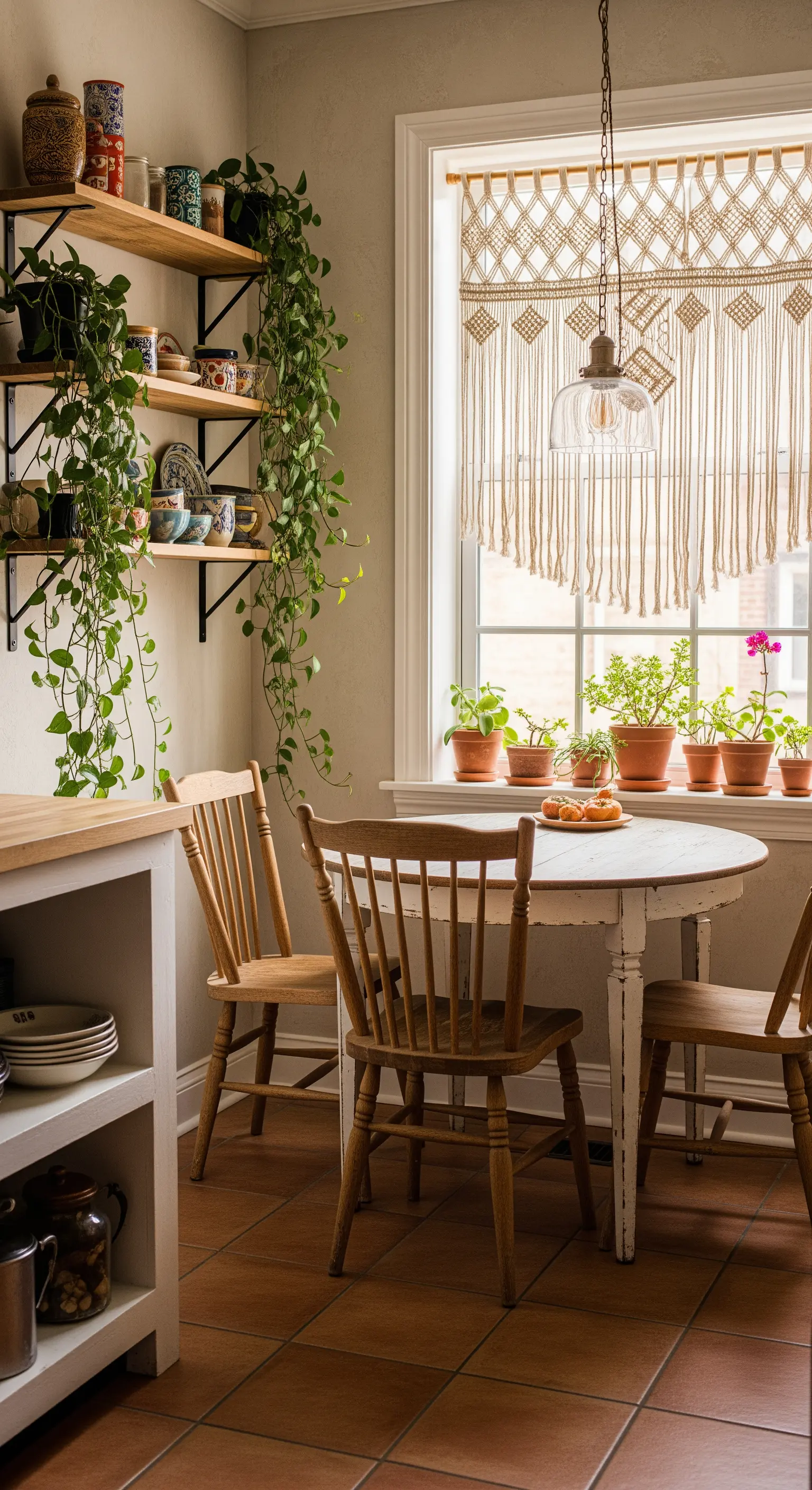 Angolo pranzo bohémien con una mantovana in macramè e mensole con piante rampicanti.