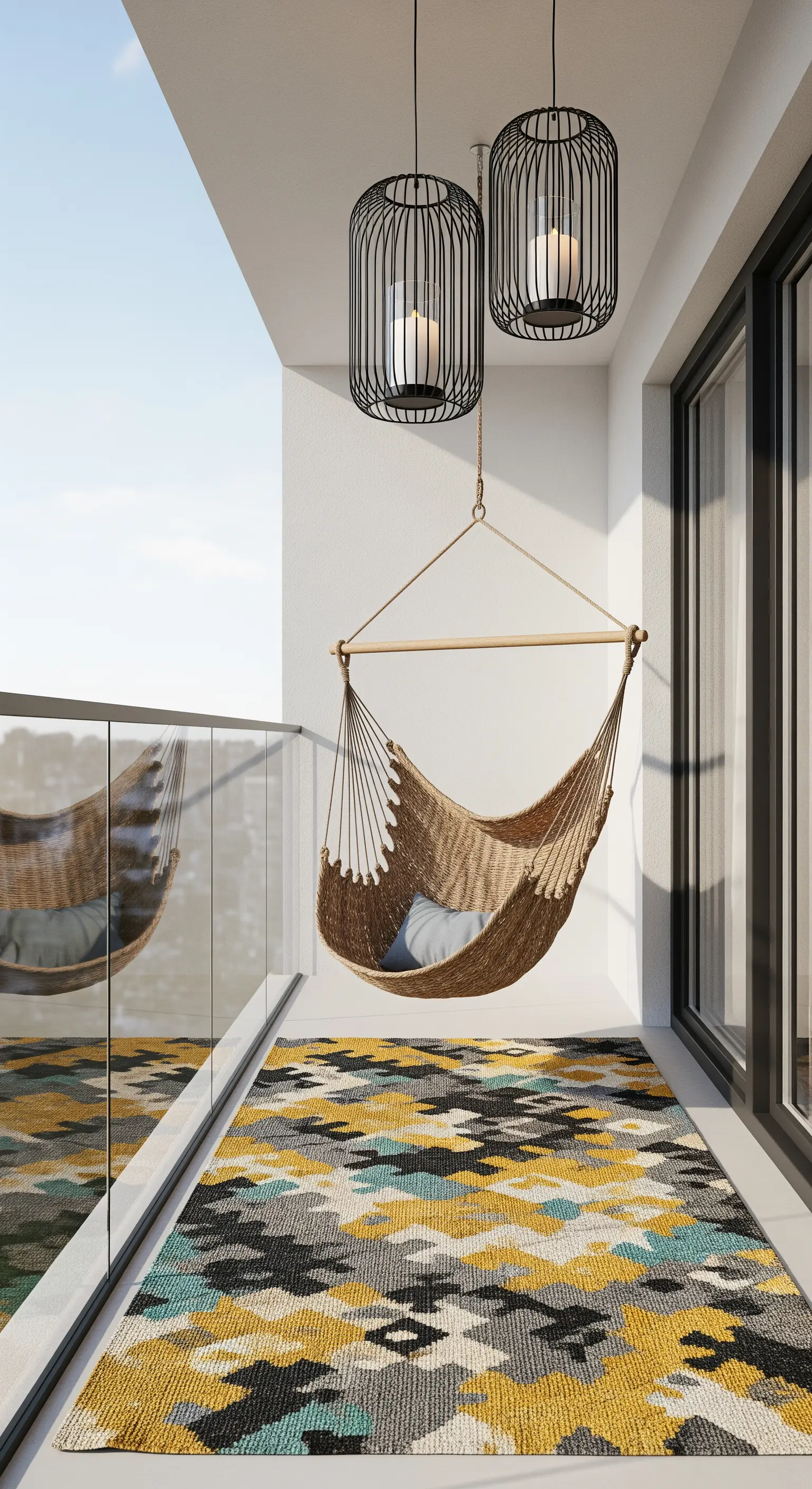 Balcone moderno con amaca sospesa, kilim geometrico giallo e nero, e lanterne minimaliste.