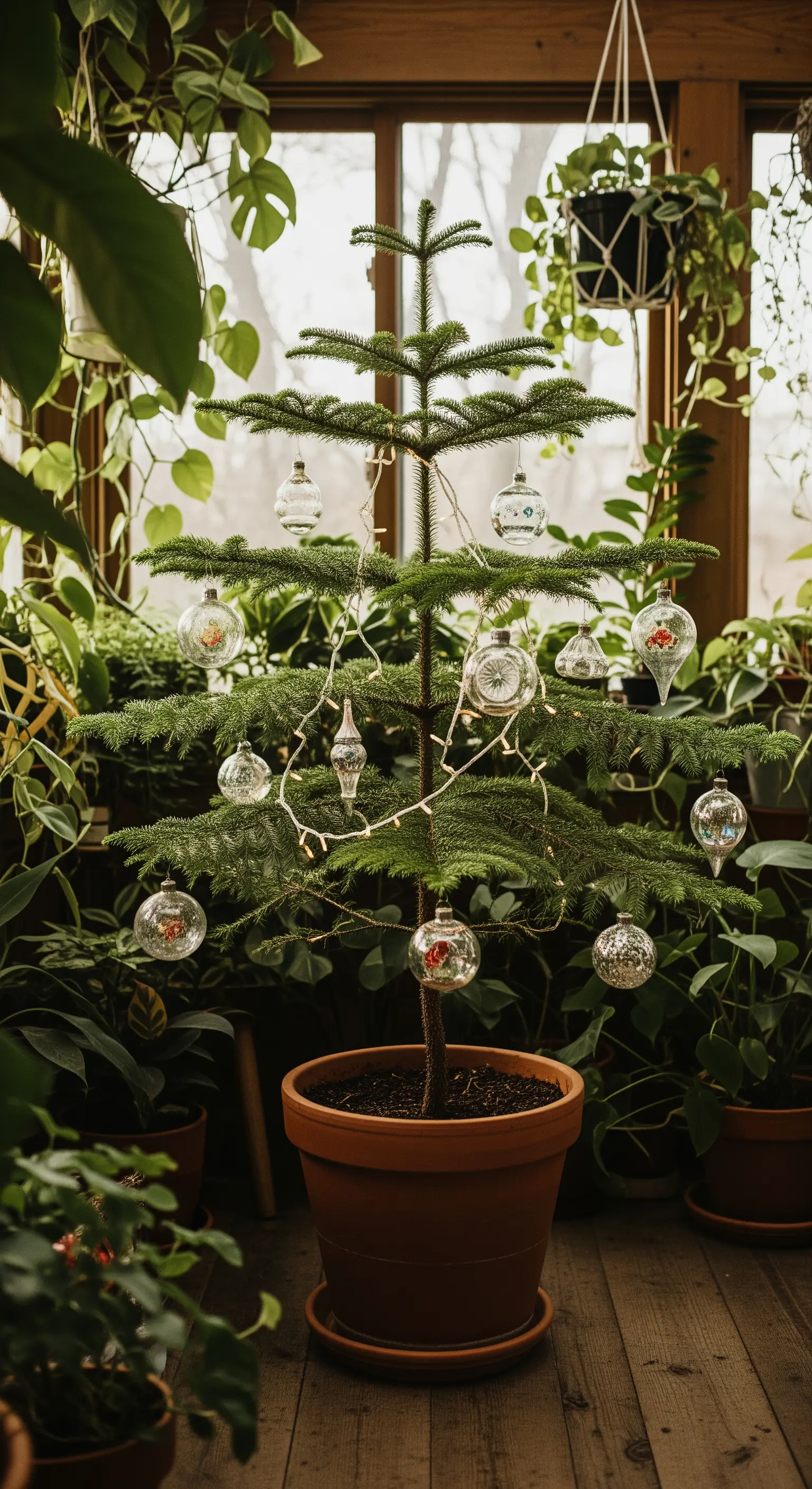 Piccolo abete in un vaso di terracotta, decorato con luci e palline di vetro in una serra lussureggiante