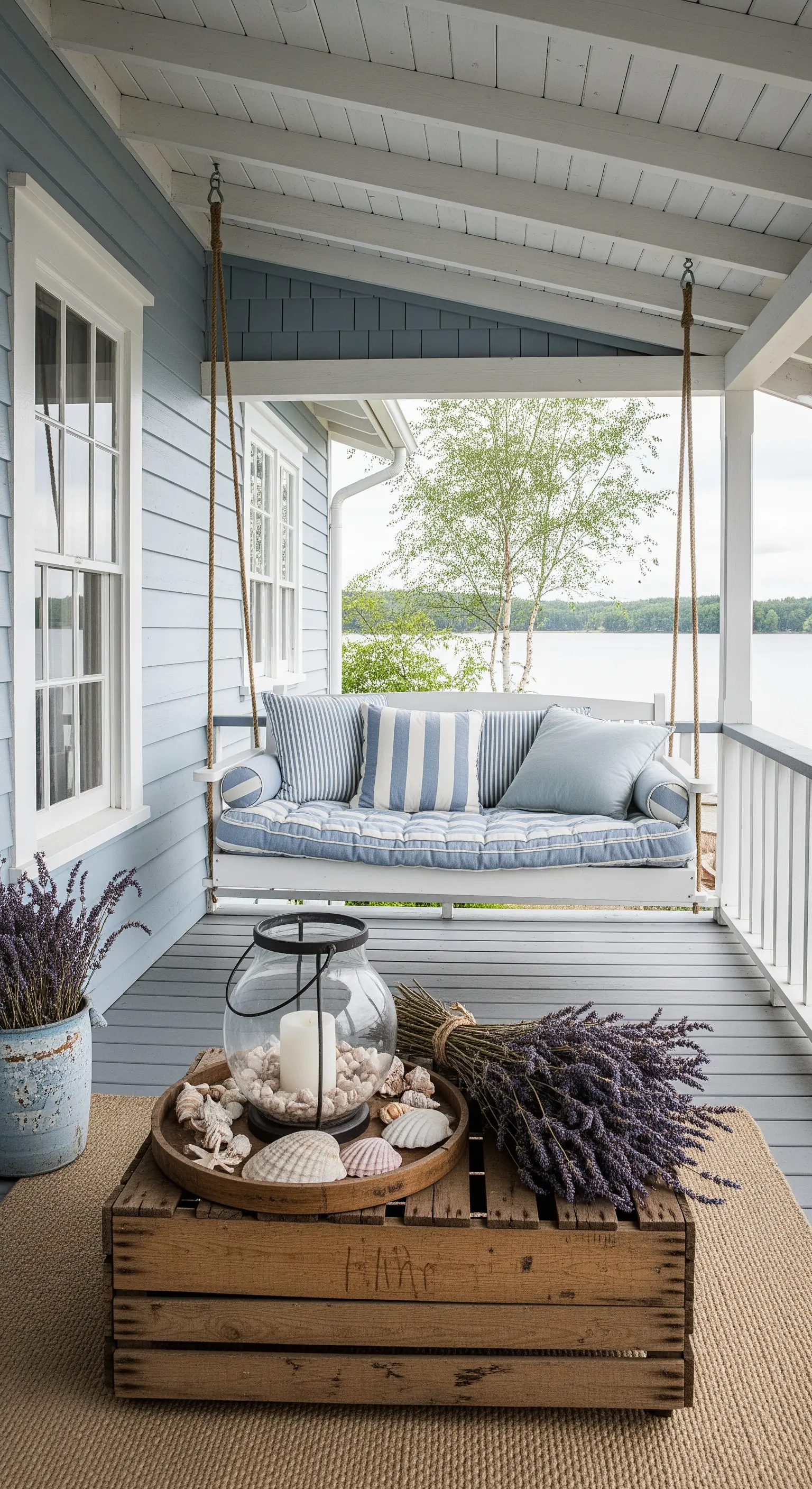 Dondolo sospeso con cuscini a righe blu, tavolino a cassetta con conchiglie e mazzo di lavanda.