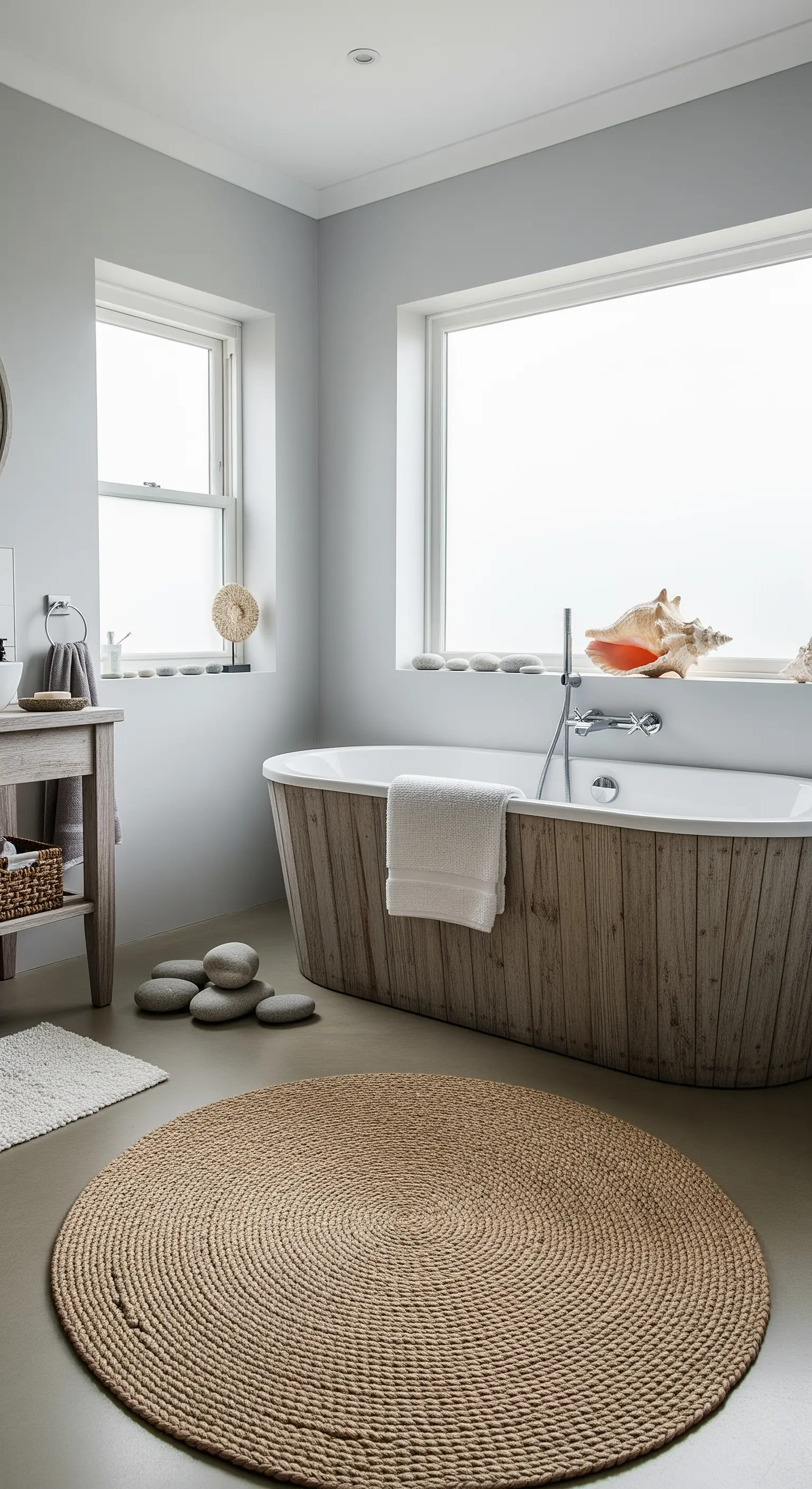 Vasca rivestita in legno sbiancato in un bagno luminoso con tappeto rotondo in juta.