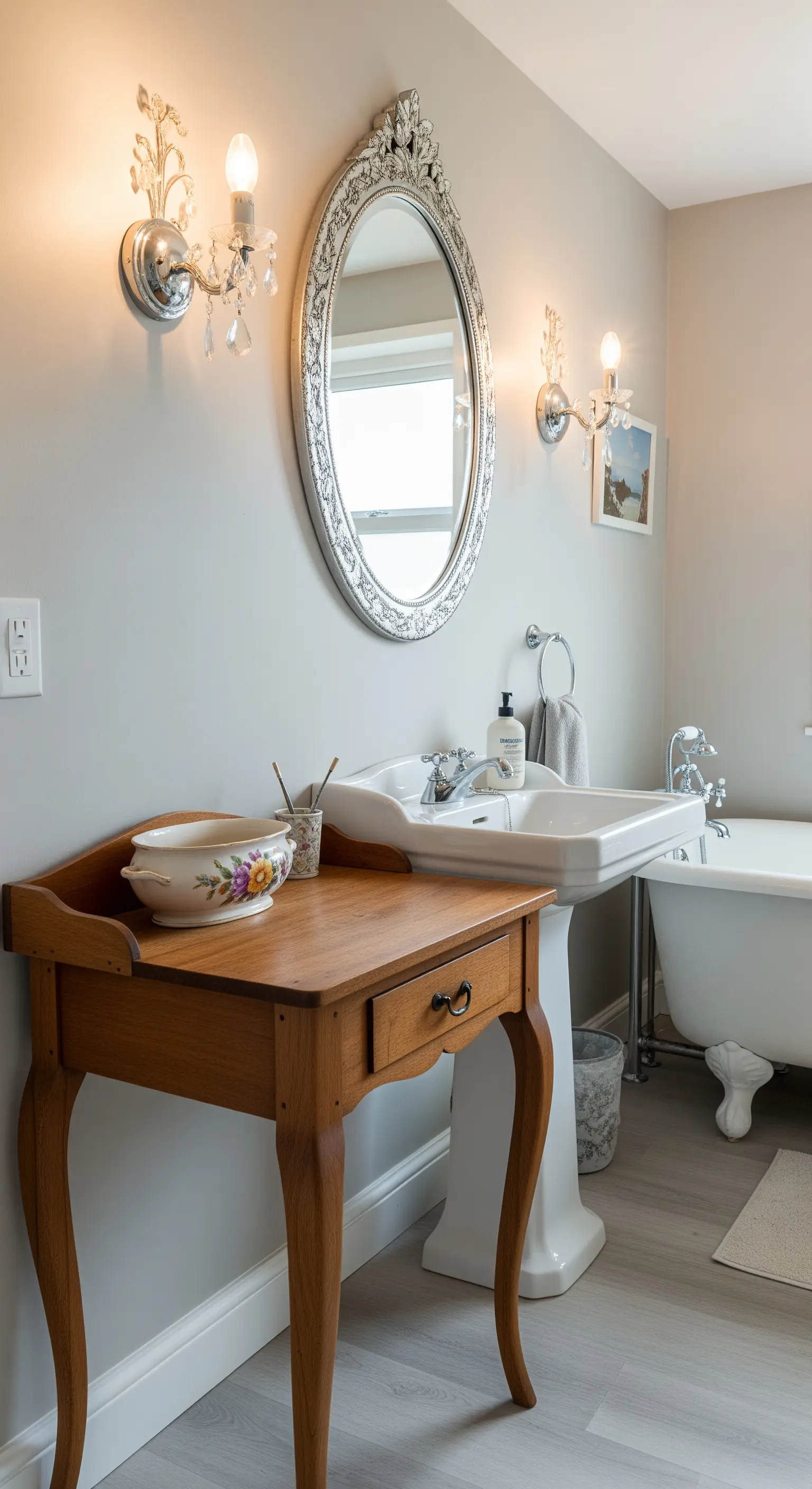 Tavolino da trucco vintage in legno accanto a un lavabo a colonna.