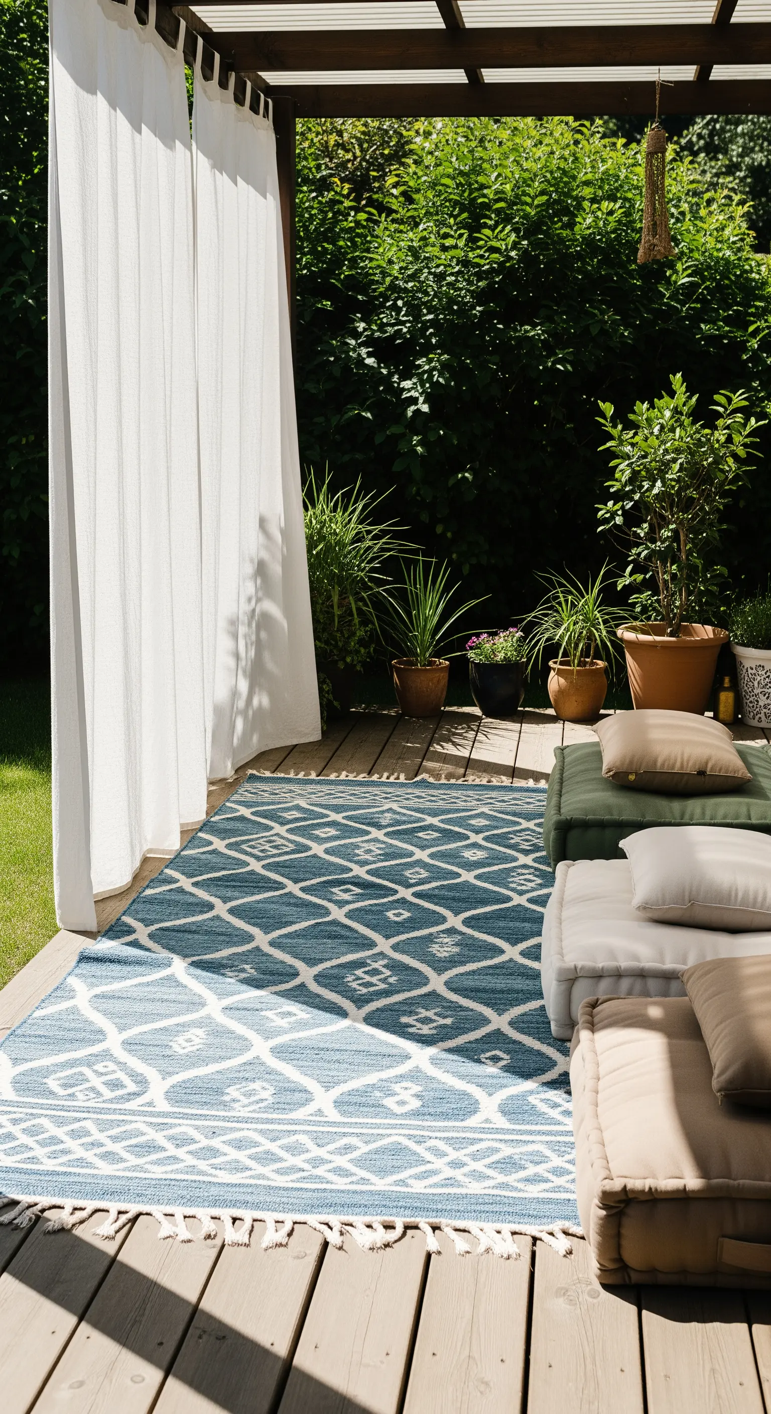 Patio in legno con tappeto blu e bianco, materassi da terra e tenda laterale.