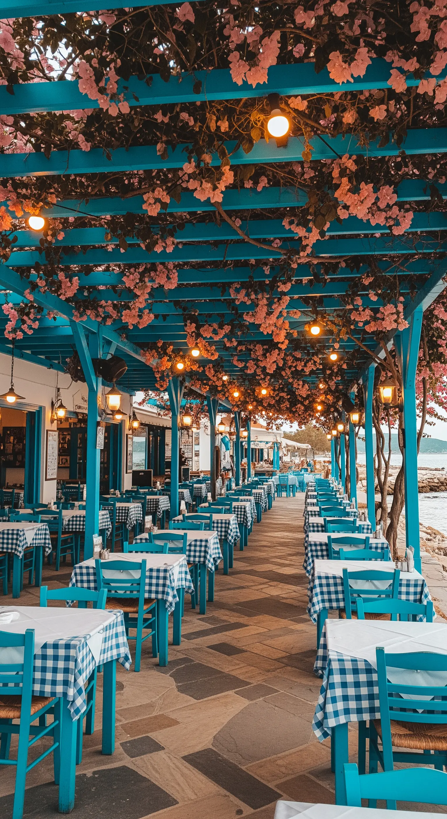 Lungo pergolato blu brillante coperto di fiori rosa, con tavoli e sedie abbinati.