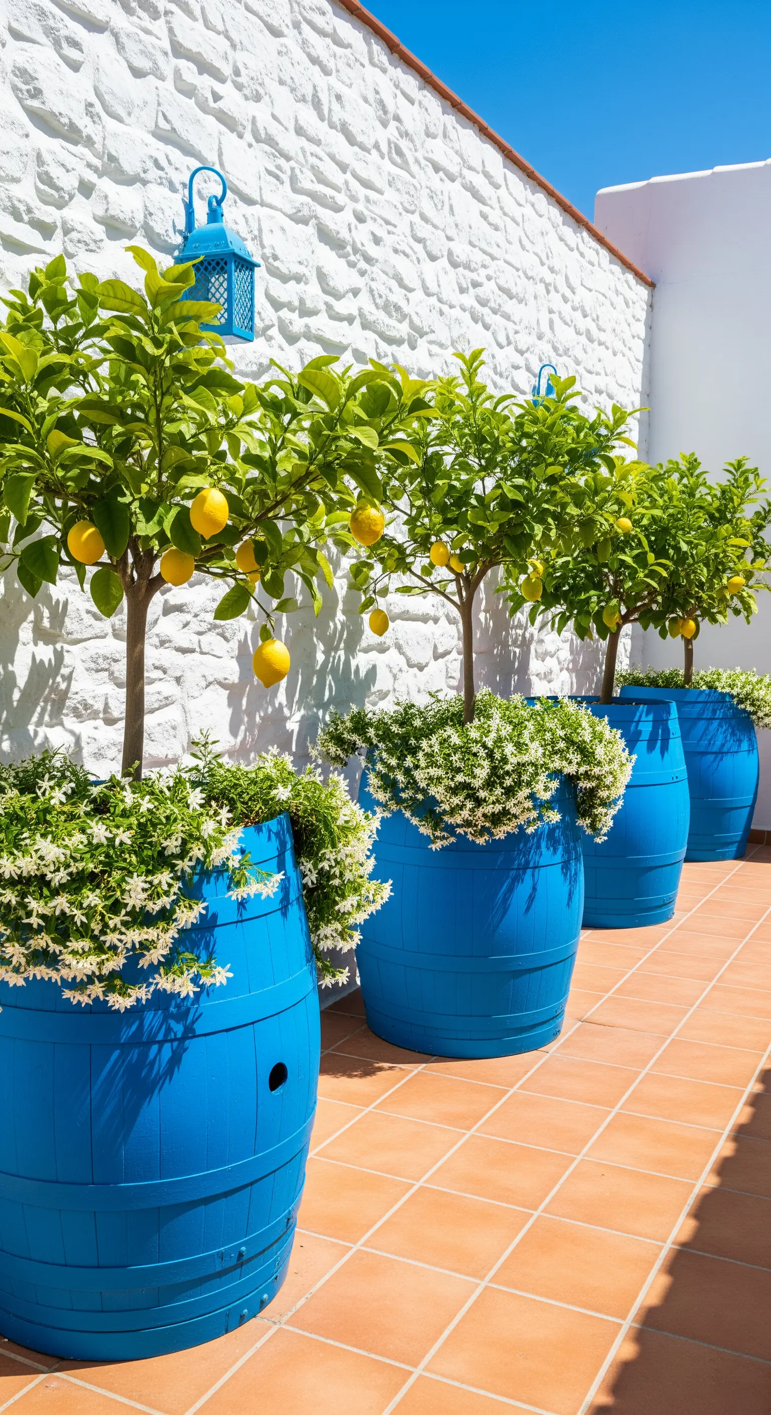 Botti di legno dipinte di un blu acceso, contenenti alberelli di limoni carichi di frutti.
