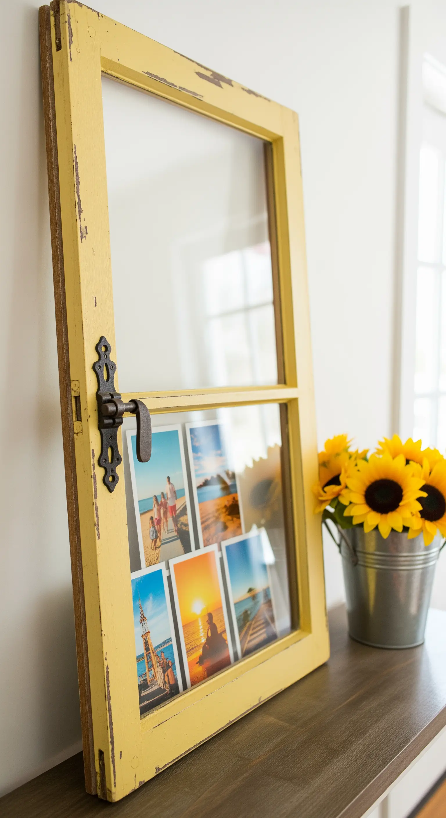 Vecchia porta-finestra gialla con maniglia in ferro battuto usata per esporre foto di vacanze.