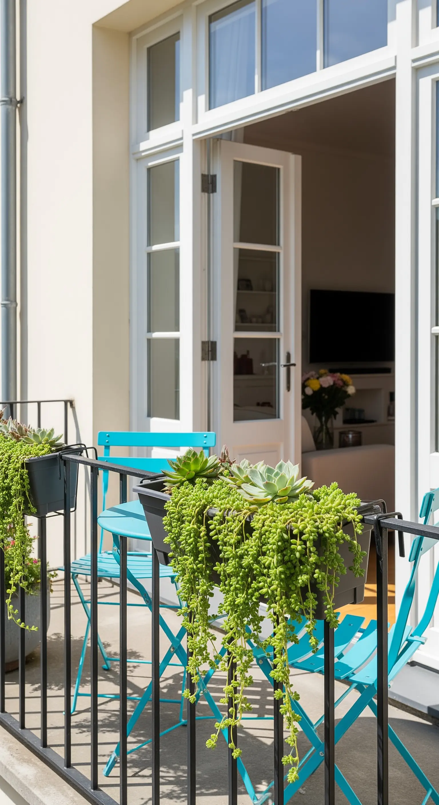 Balcone con set bistrò pieghevole turchese e piante grasse che ricadono dalla ringhiera.