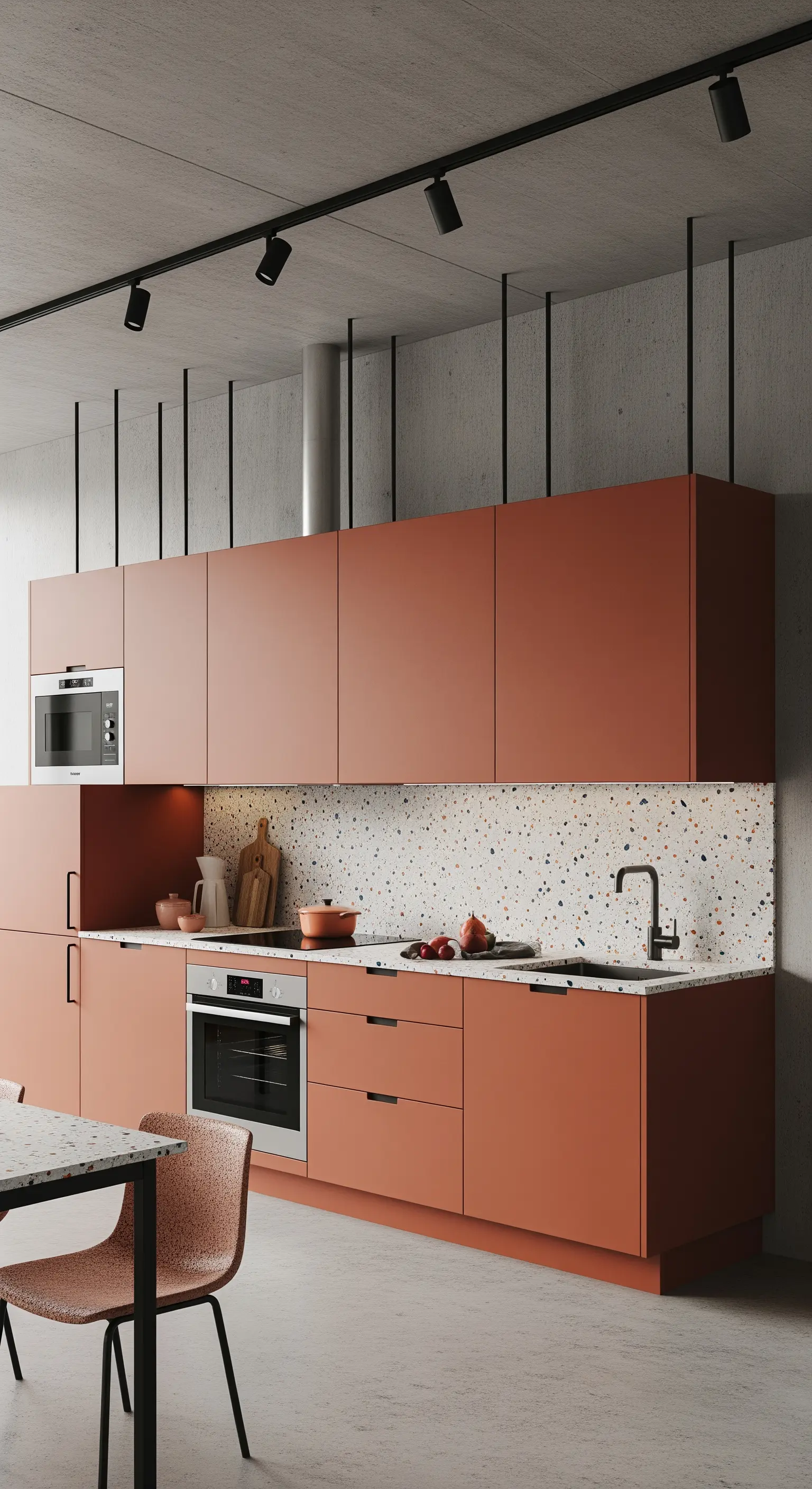 Cucina moderna con mobili color terracotta e paraschizzi in terrazzo alla veneziana.