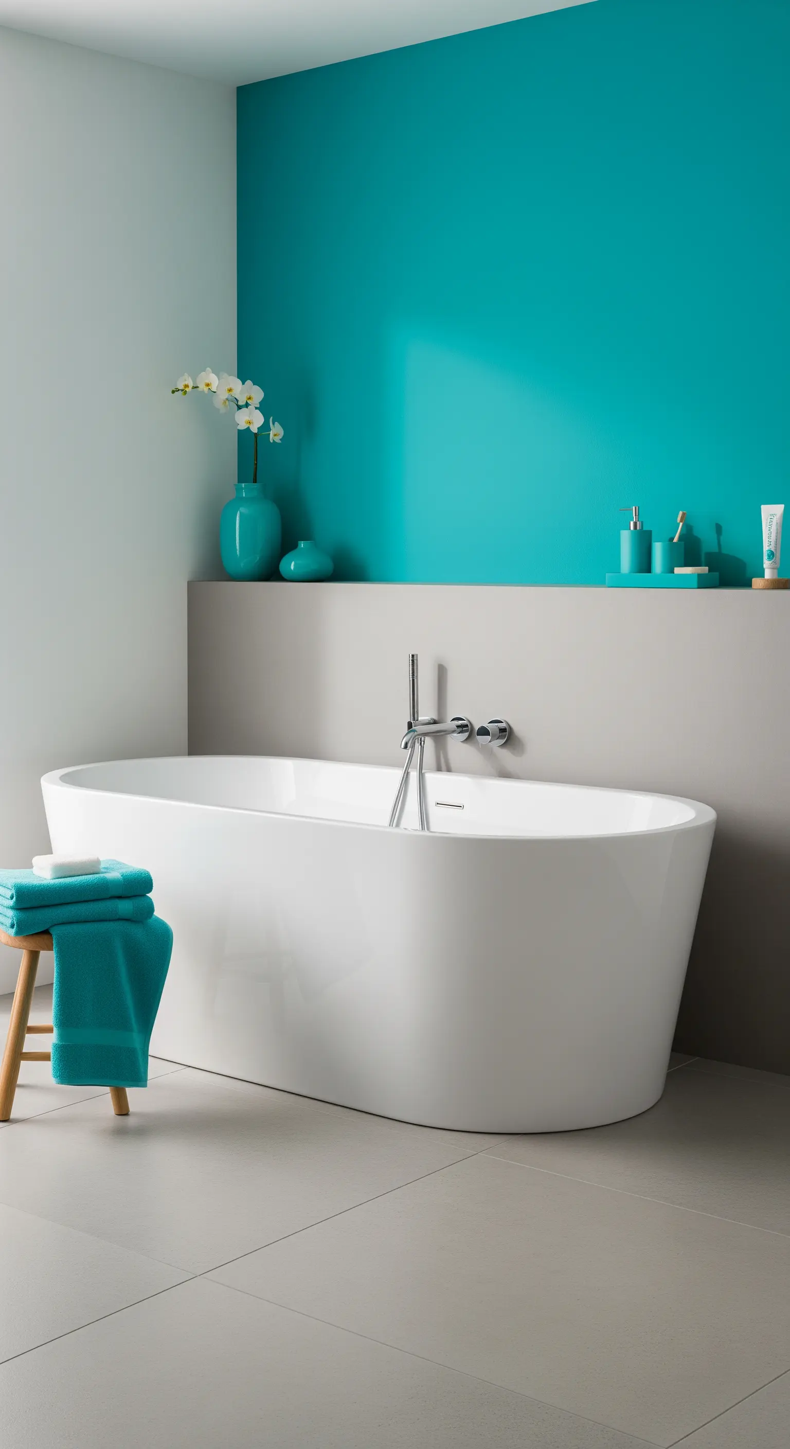 Bagno minimalista con parete d'accento turchese dietro una vasca freestanding bianca.