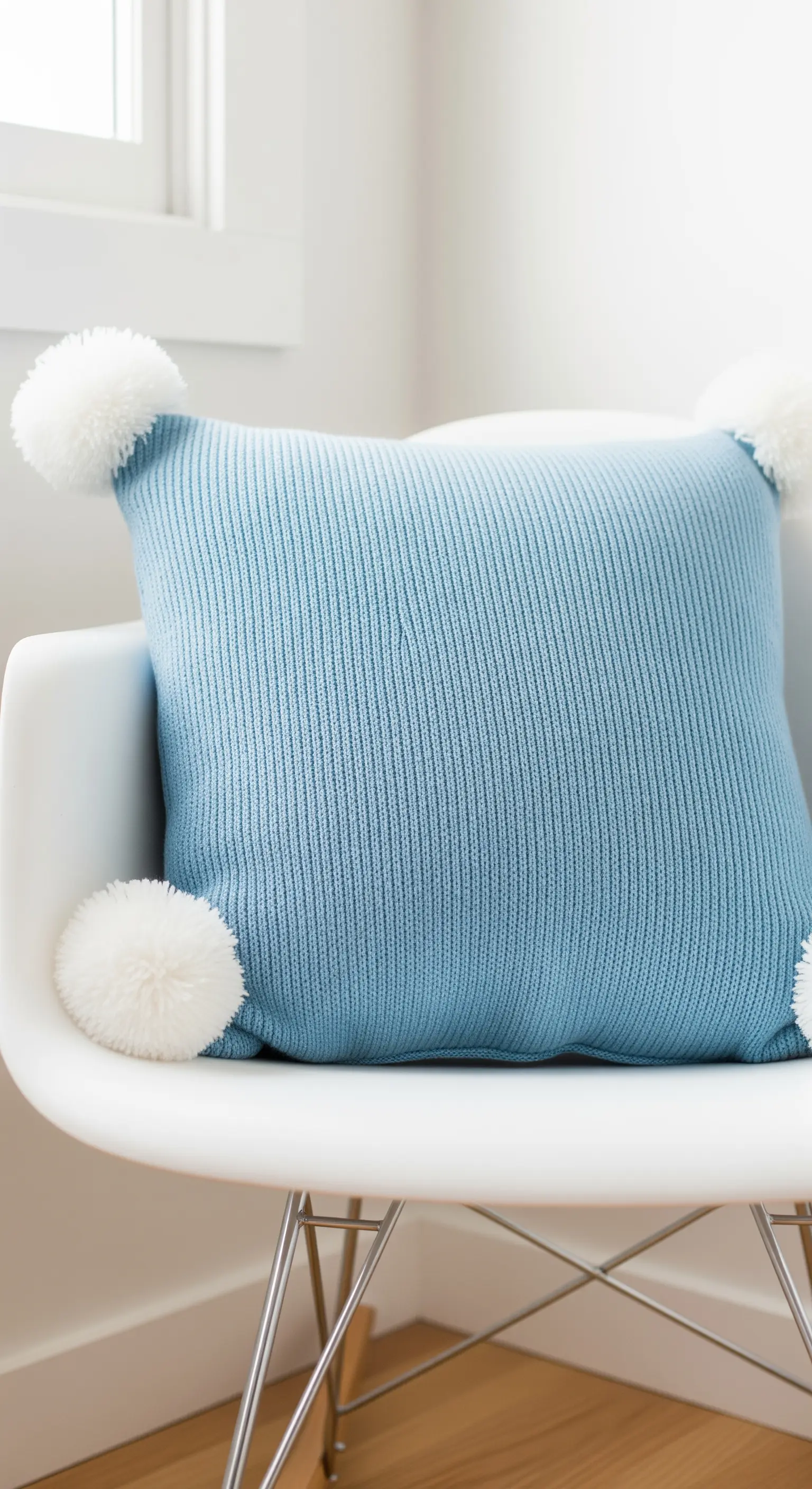 Cuscino azzurro con pompon bianchi su una sedia bianca di design moderno.