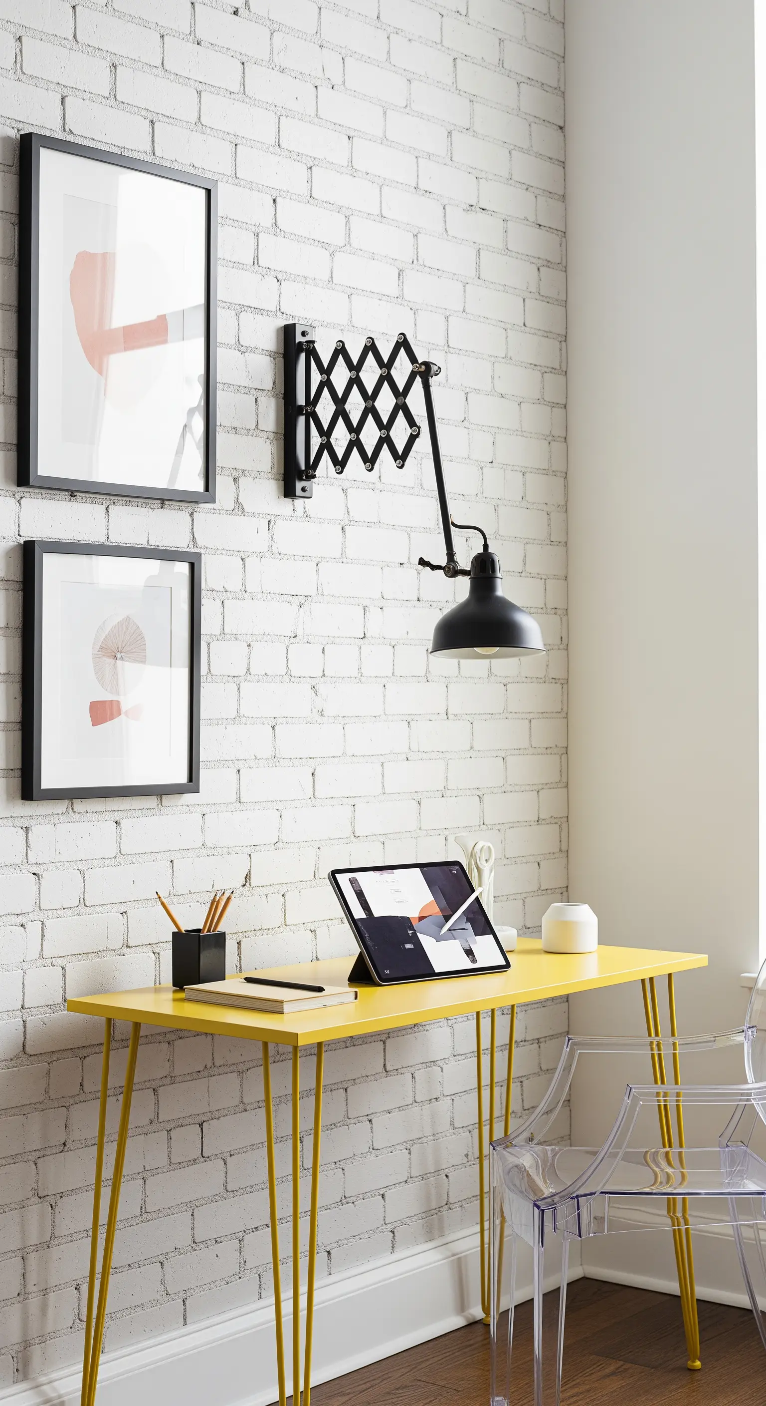 Scrivania gialla con gambe a spillo contro una parete di mattoni bianchi.