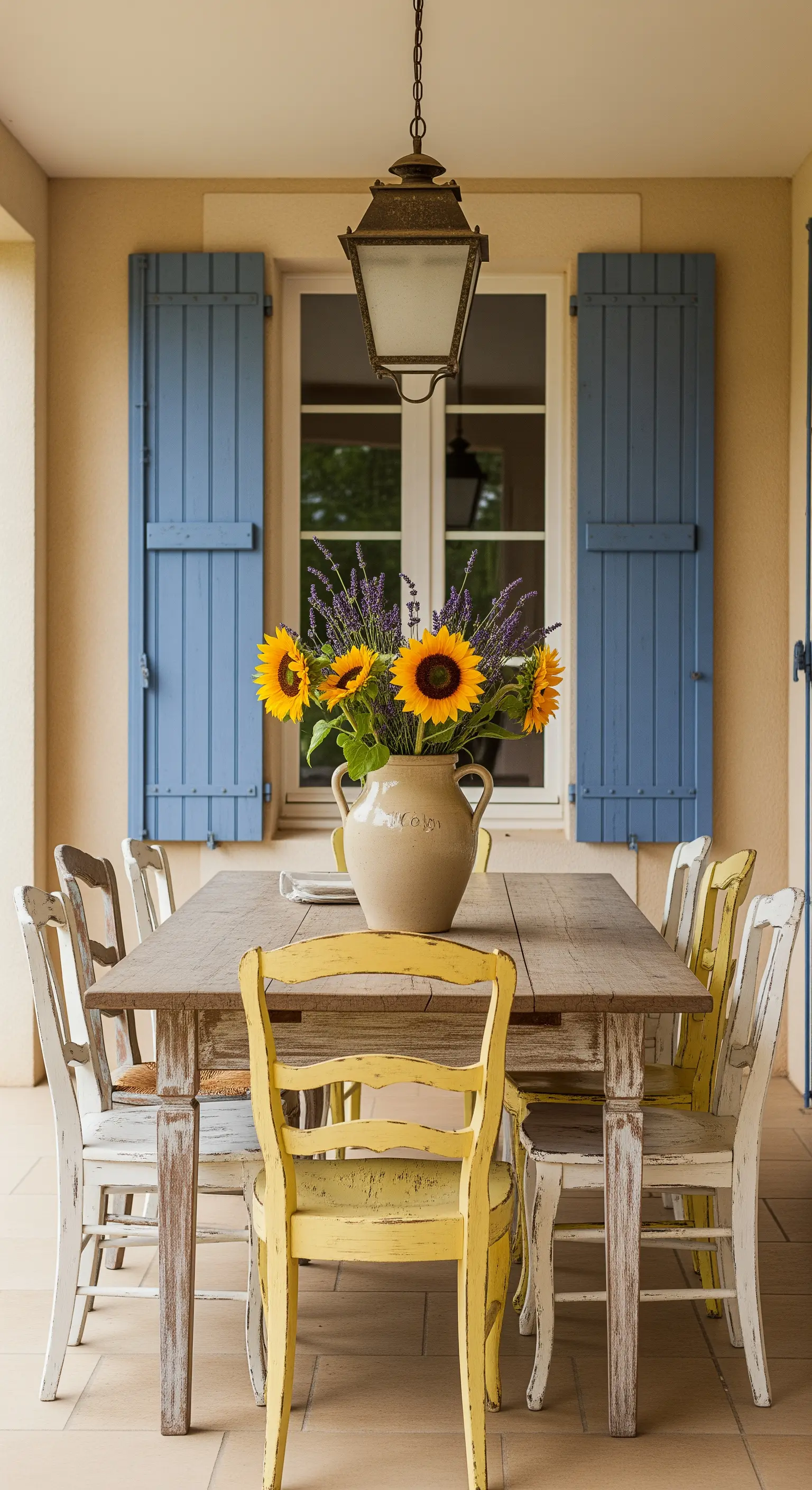 Tavolo da pranzo con sedie spaiate, una delle quali è gialla. Sfondo con persiane blu.