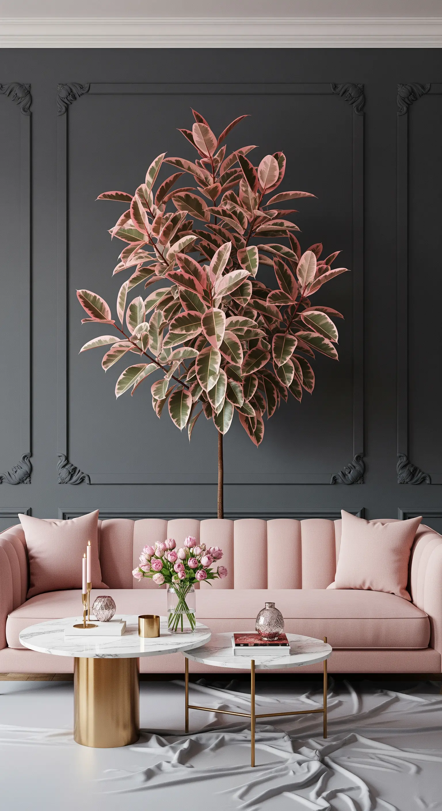 Un Ficus elastica con foglie rosa e verdi dietro un divano rosa in un soggiorno elegante.