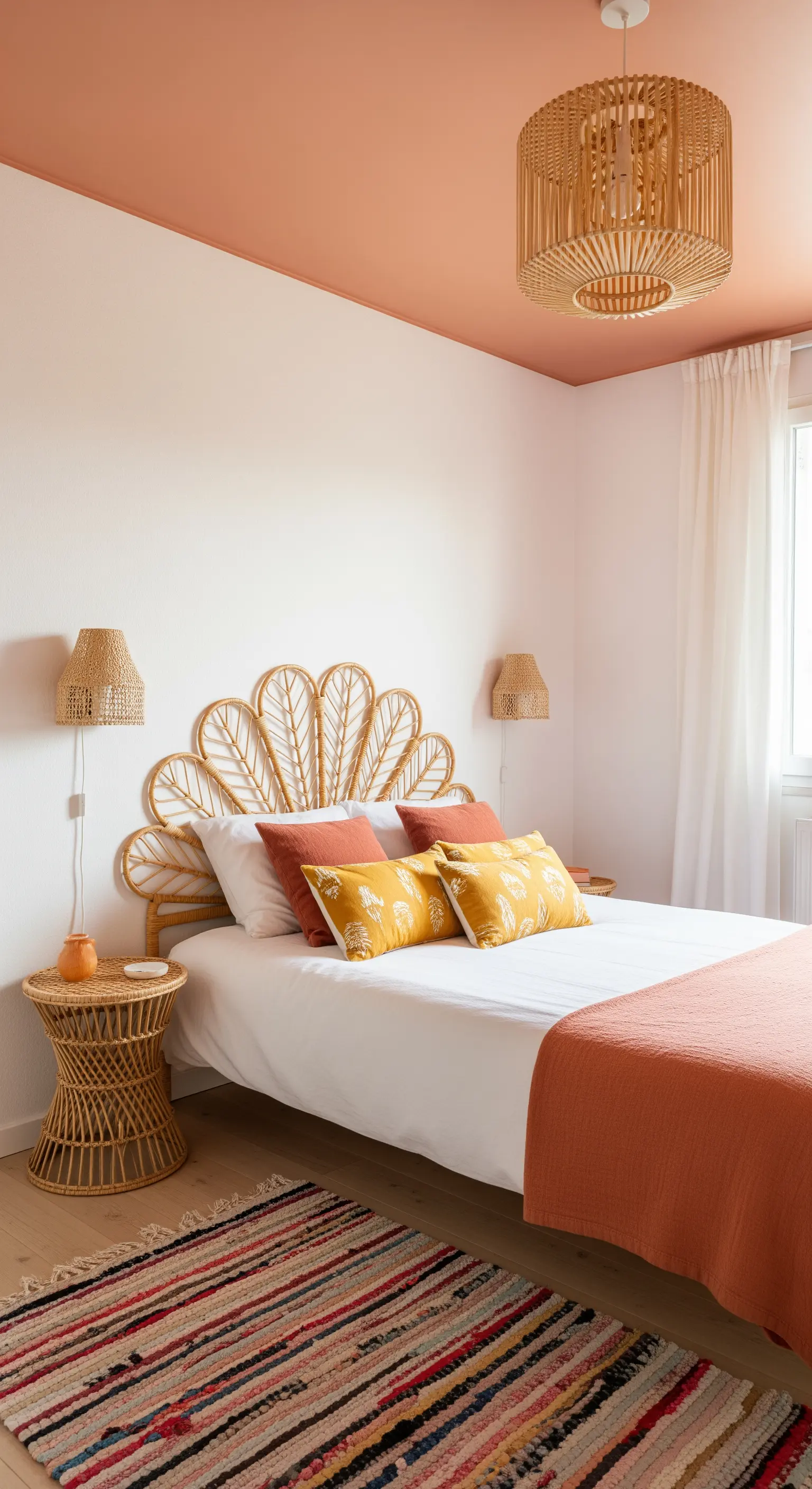 Camera da letto con soffitto dipinto color pesca e testiera in rattan a forma di pavone.