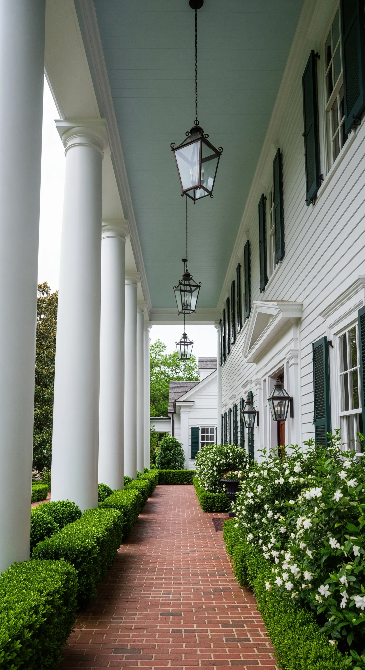 Lungo portico bianco con colonne, pavimento in mattoni e un soffitto dipinto di azzurro polvere