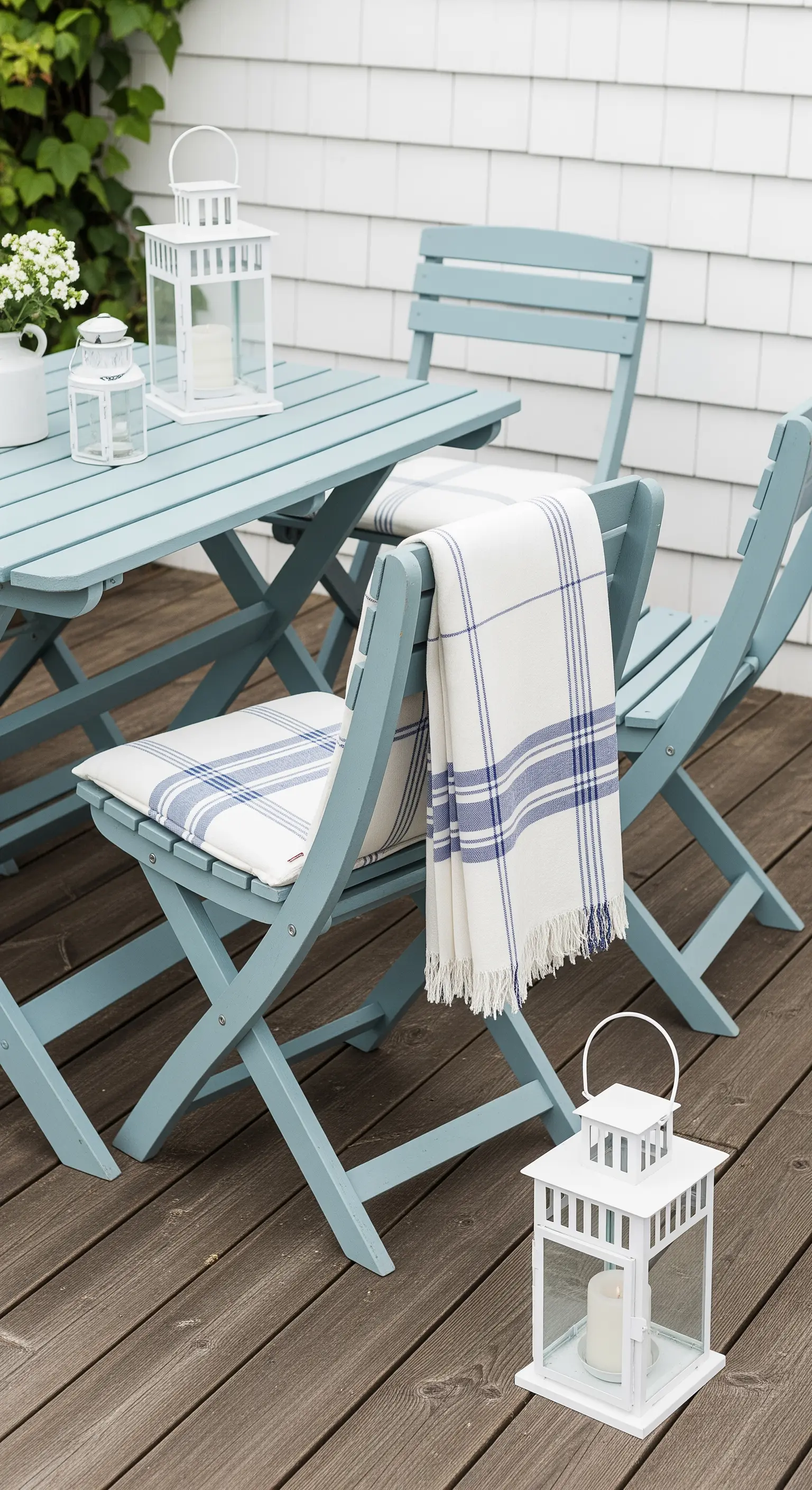 Set da pranzo pieghevole in legno dipinto di azzurro, con plaid a quadri e lanterne bianche.