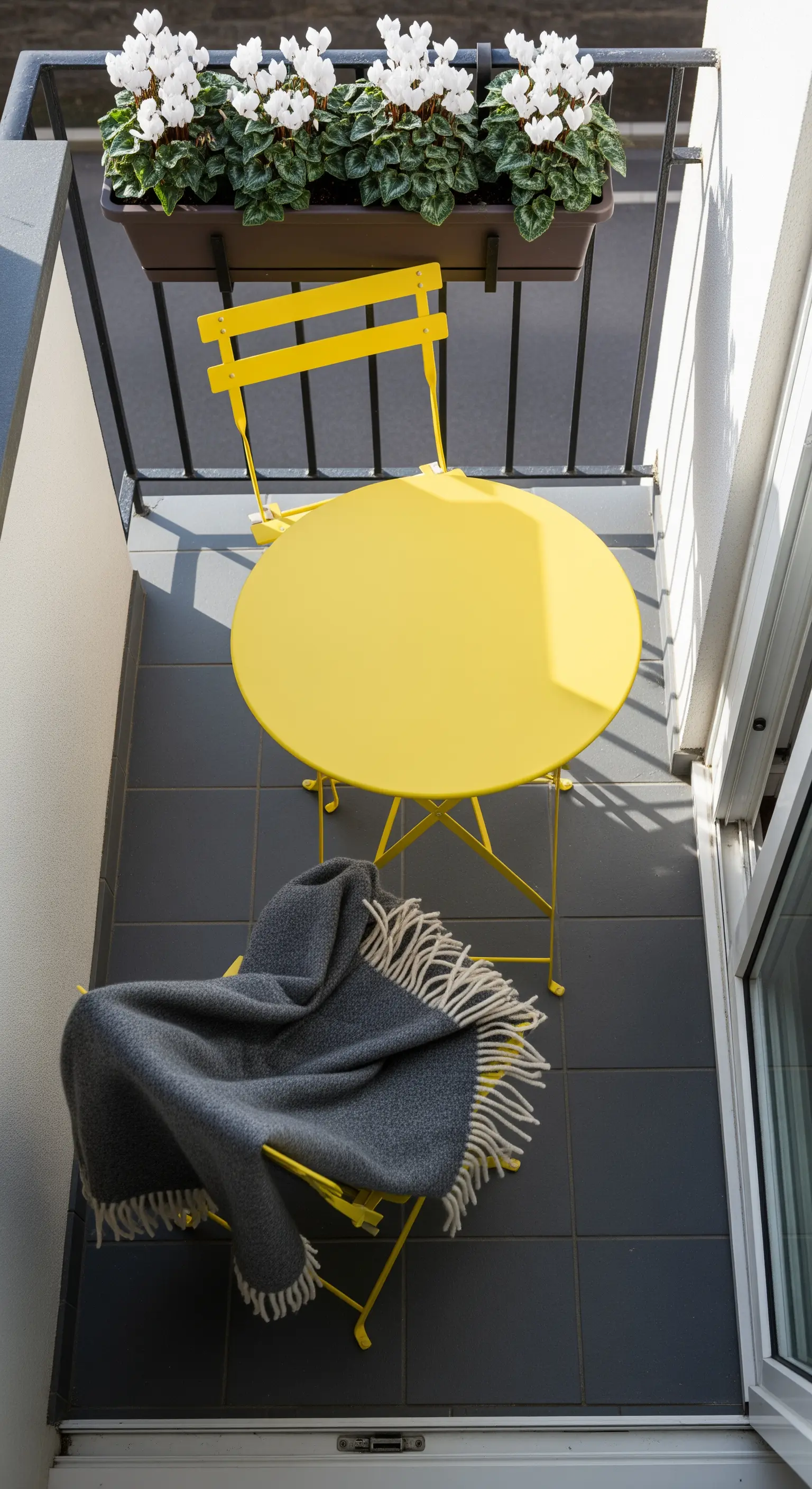 Set da bistrò pieghevole giallo brillante su un balcone molto piccolo.