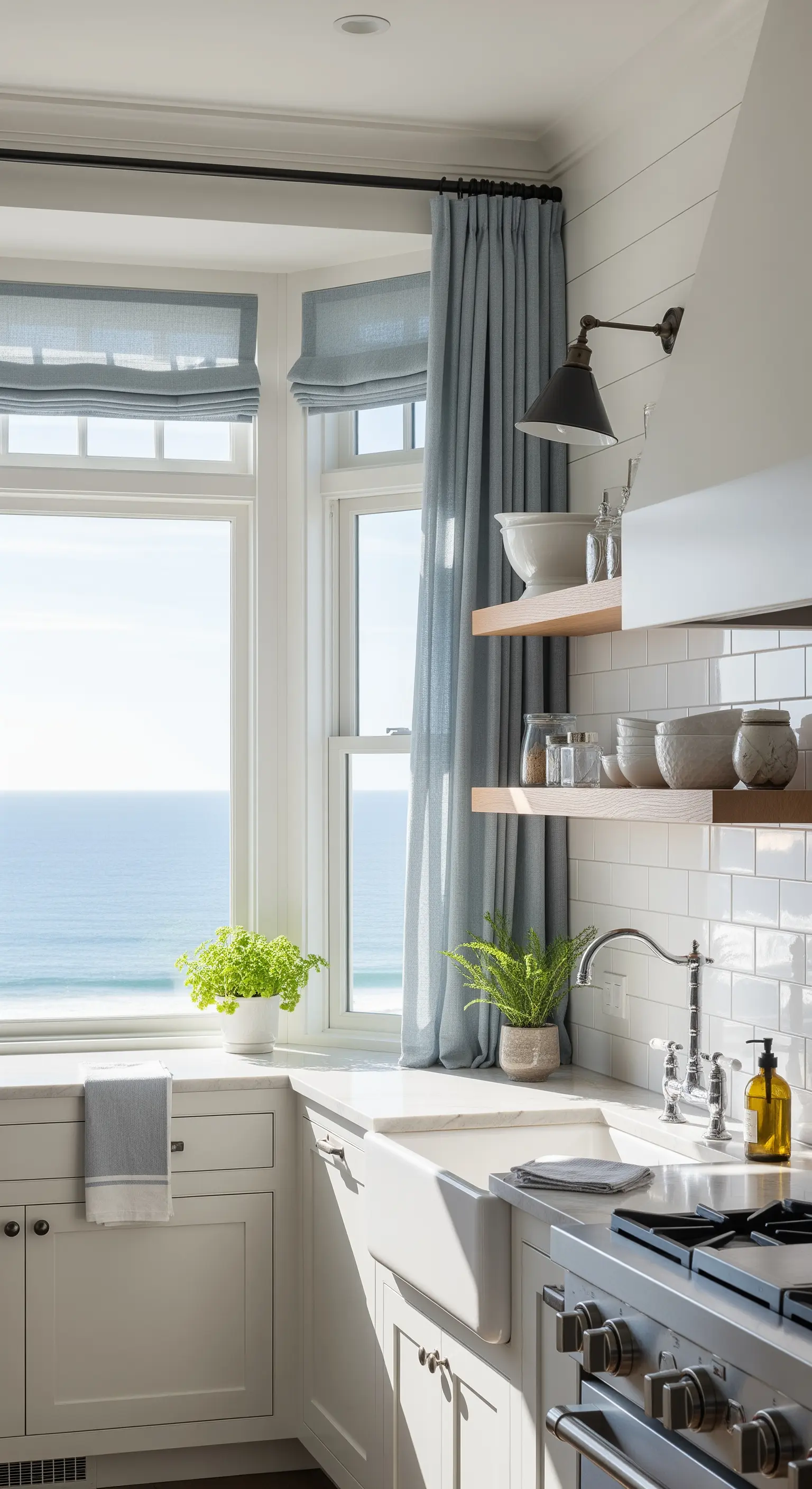 Cucina bianca con vista mare, tende e scuri a pacchetto in lino blu.