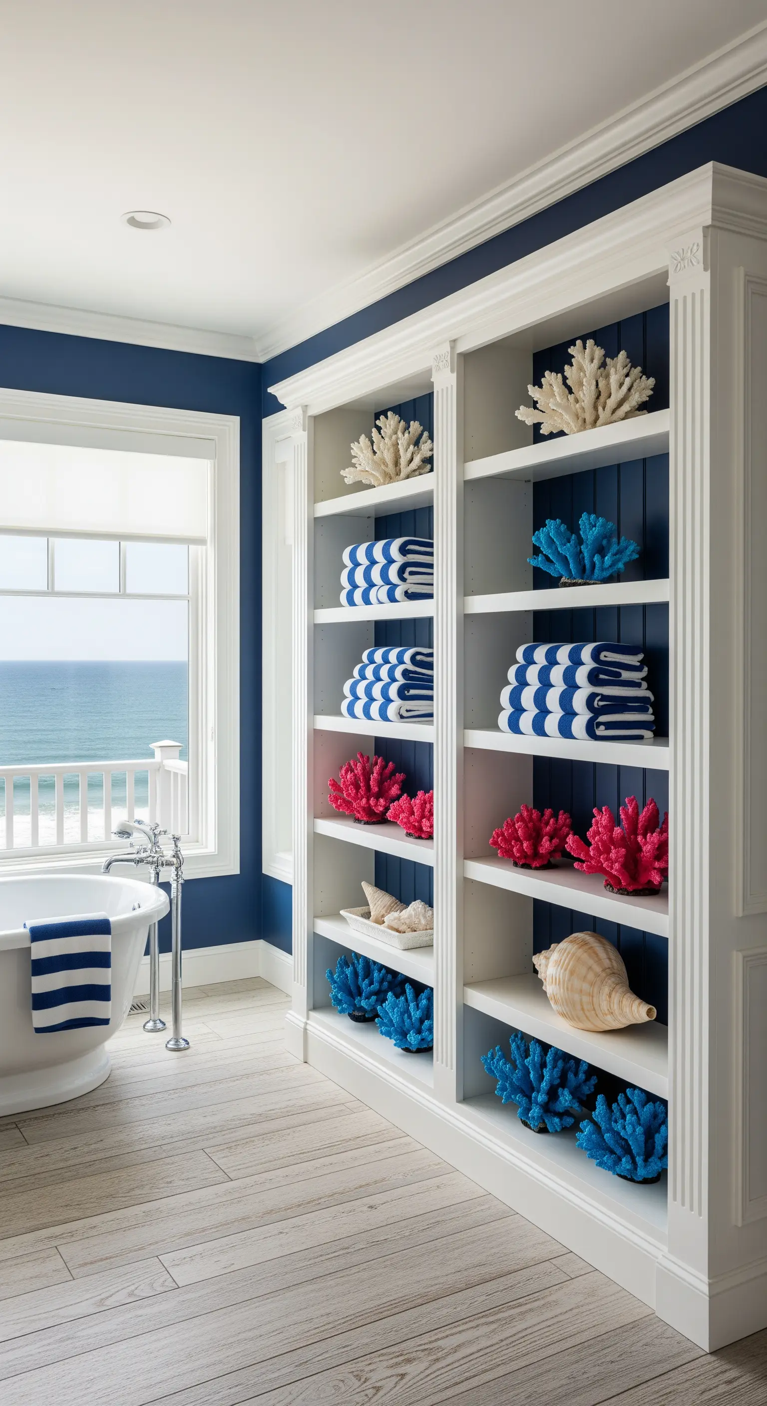 Libreria bianca con fondo blu, decorata con coralli e asciugamani a righe blu e bianche.