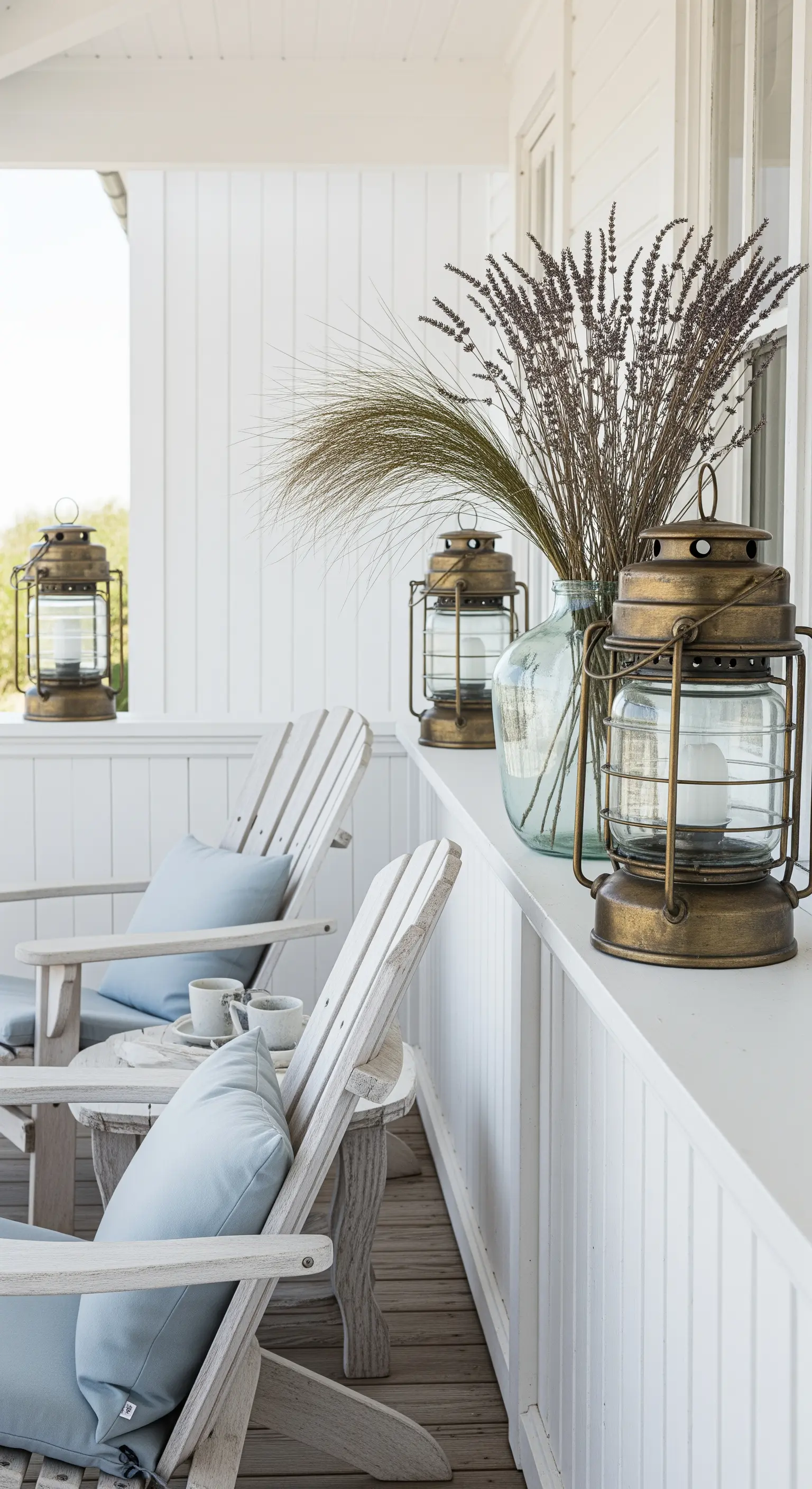 Sedie in legno bianco con cuscini azzurri, lanterne in ottone e erbe ornamentali secche.
