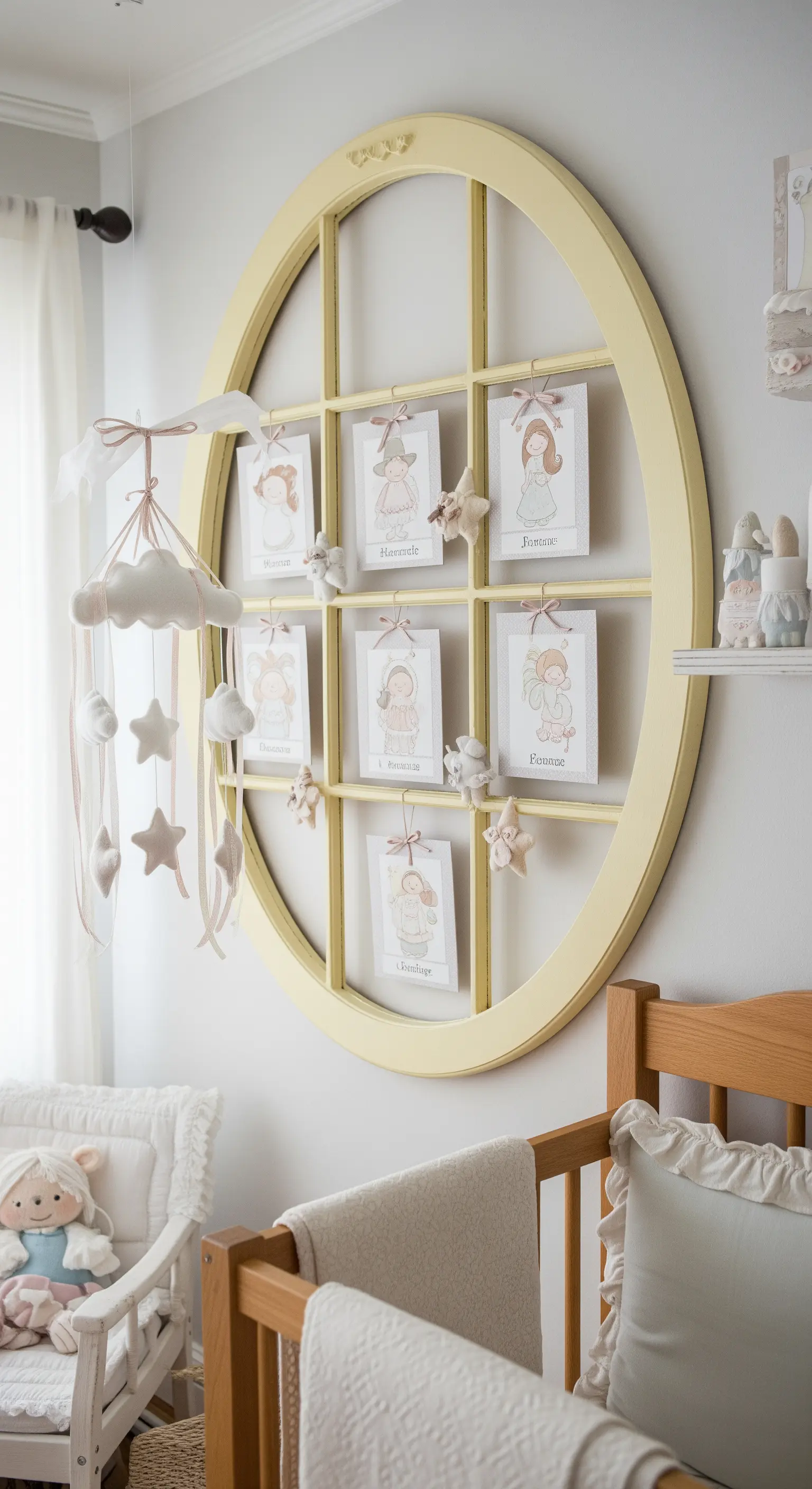 Finestra rotonda gialla appesa nella cameretta di un bambino, usata per esporre dolci illustrazioni.