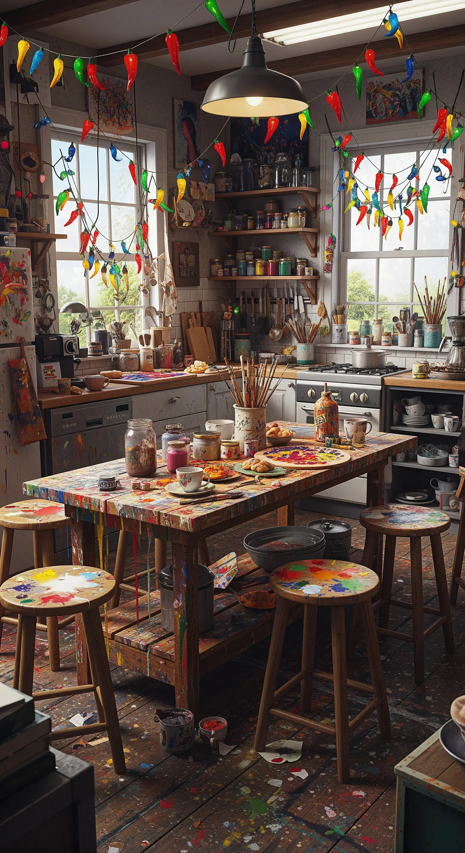 Cucina caotica e colorata di un artista, con luci a stringa a forma di peperoncini.