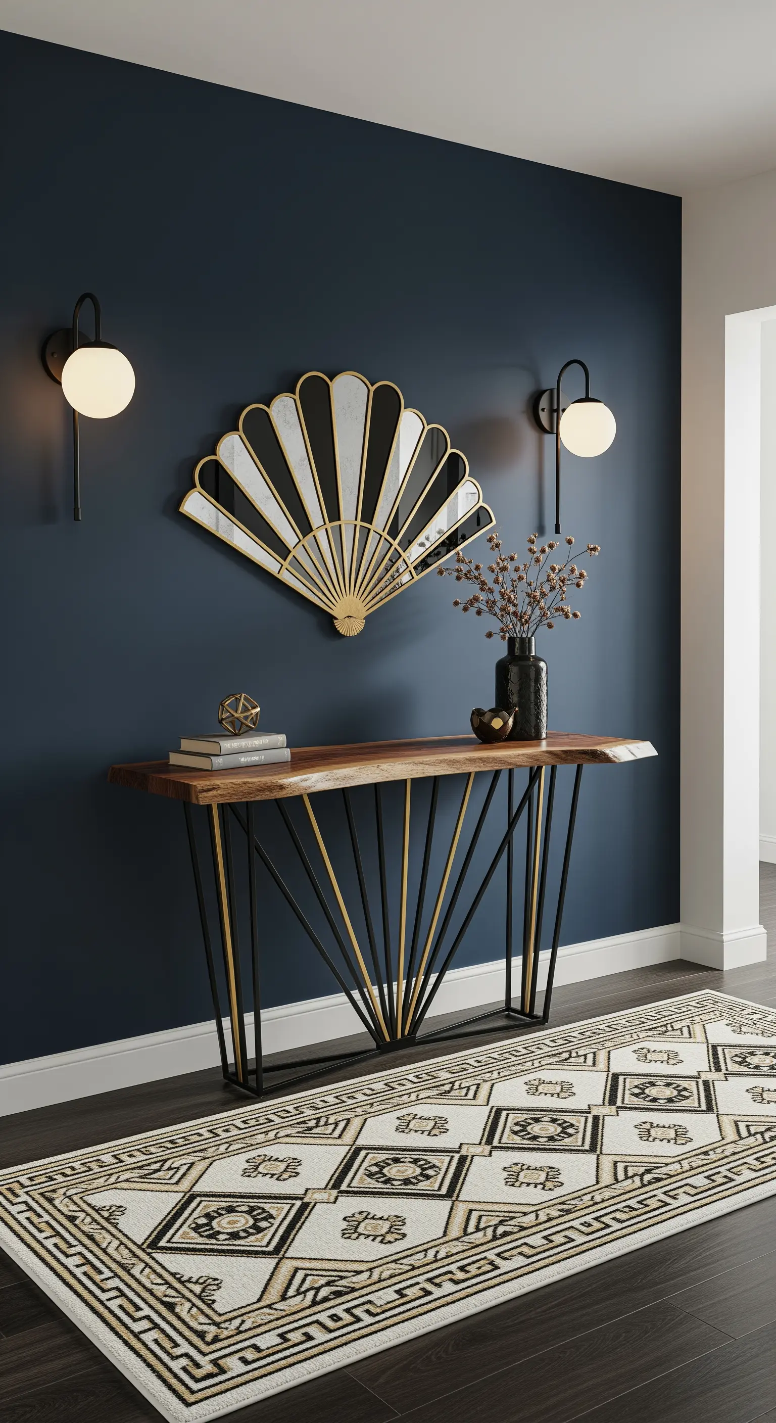 Ingresso con parete blu, specchio a ventaglio oro e nero e consolle di design.