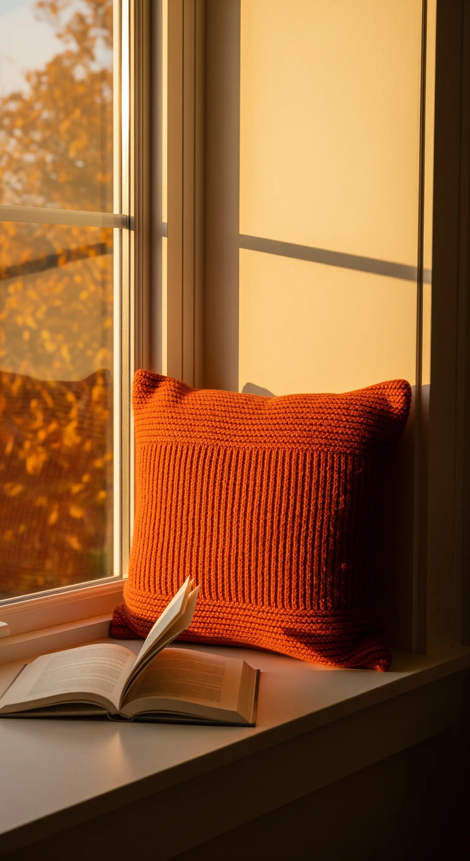 Cuscino arancione a costine su un davanzale, illuminato dalla luce del tramonto.