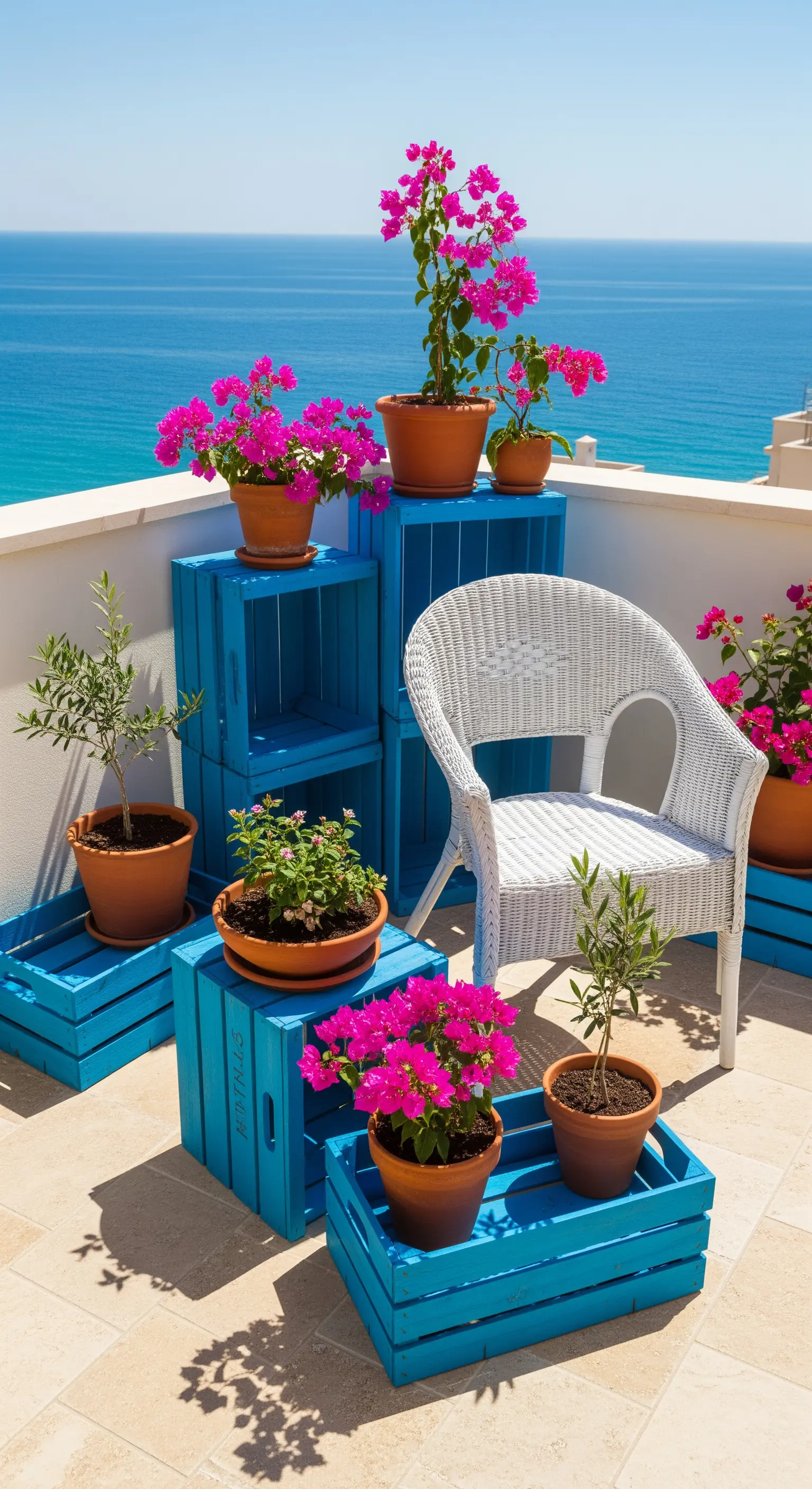 Balcone vista mare con cassette di legno dipinte di blu e vasi di bouganville fucsia.