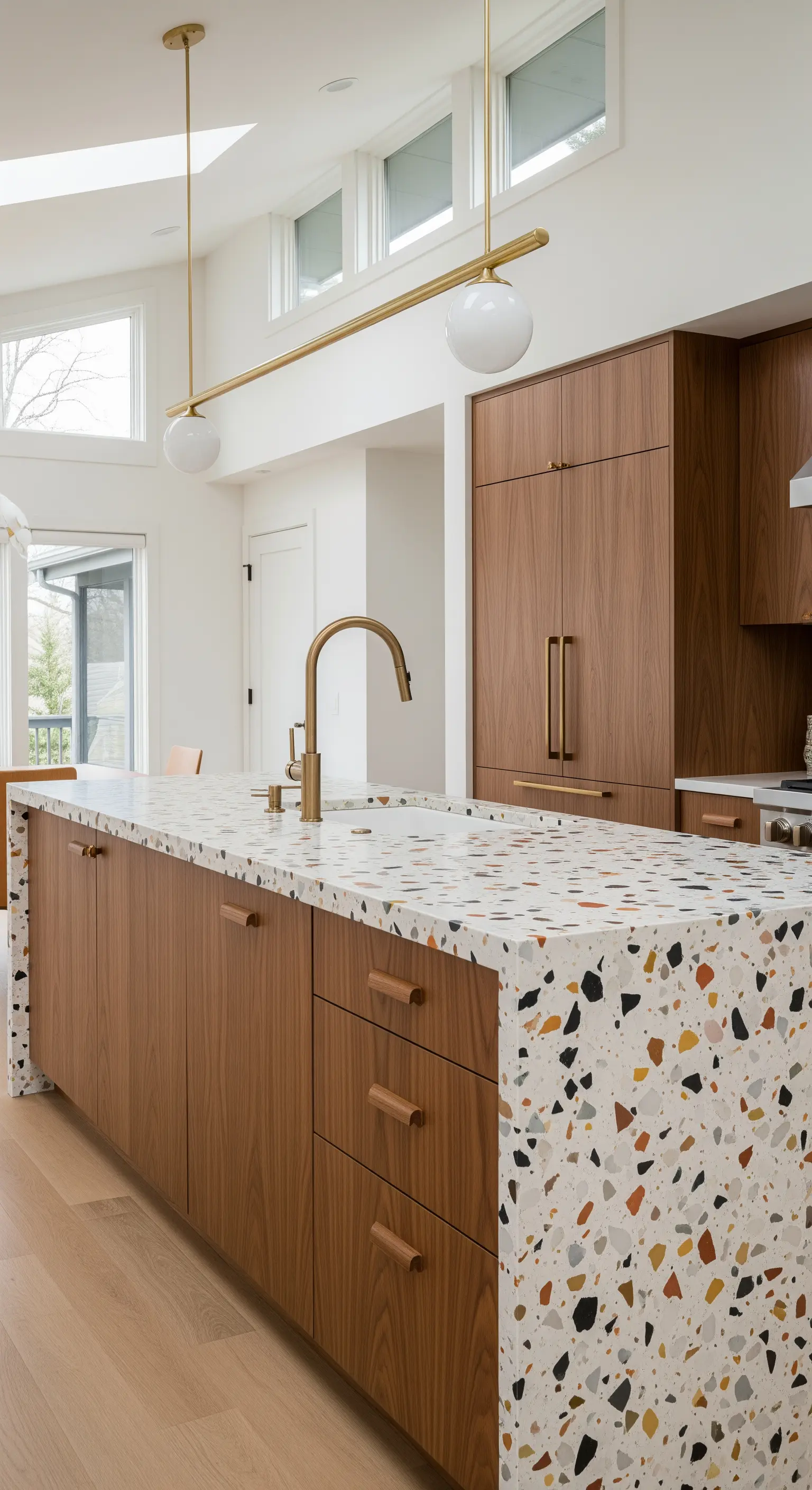 Isola cucina con piano in terrazzo colorato e base in legno di noce, in stile mid-century.