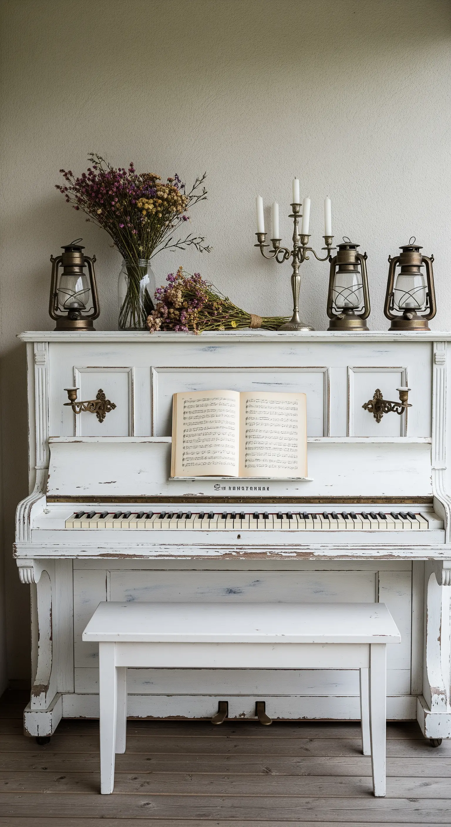 Vecchio pianoforte bianco decapato usato come consolle decorativa in una veranda.