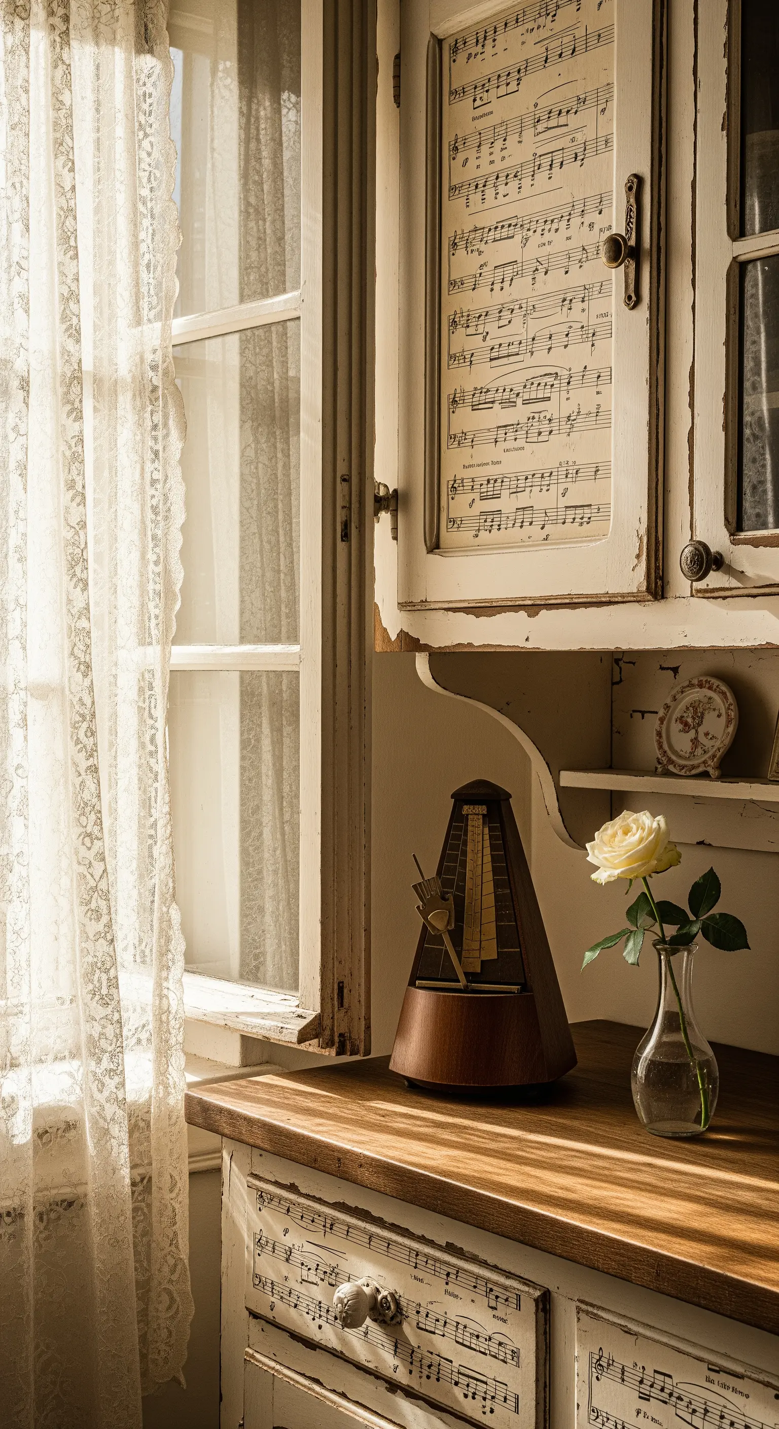 Mobile da cucina shabby decorato con spartiti musicali e metronomo.