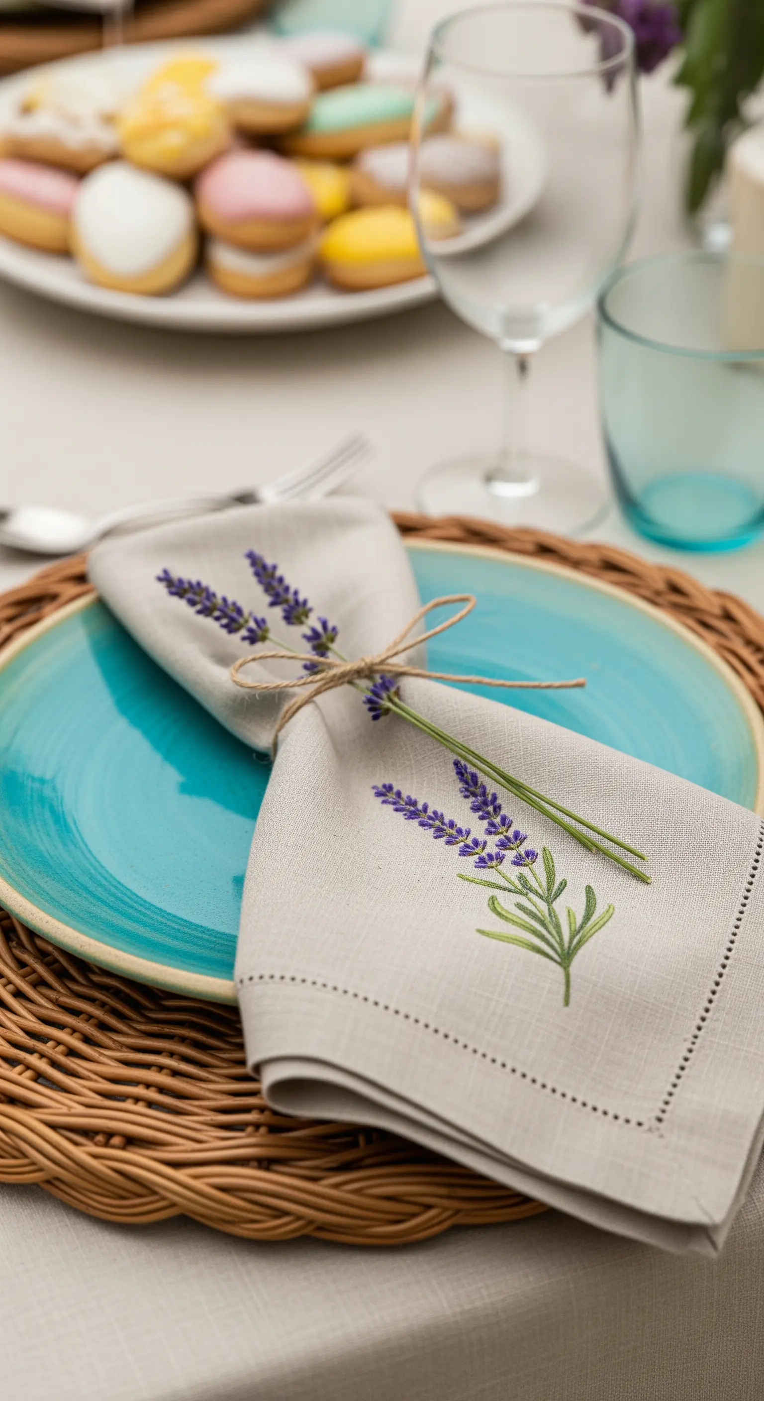 Dettaglio di un tovagliolo con ricamo di lavanda e un rametto fresco.