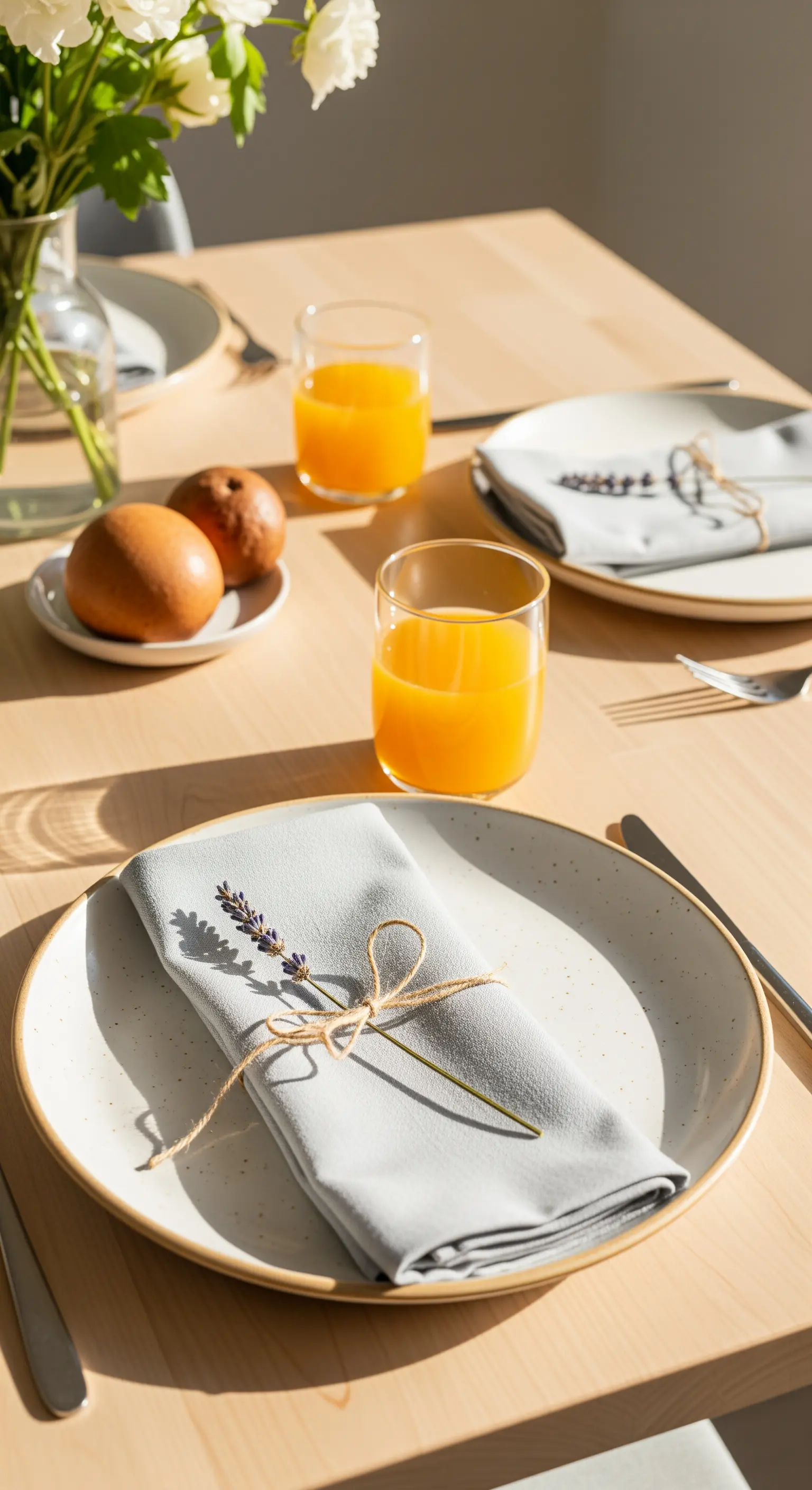 Tovagliolo grigio con un rametto di lavanda legato con spago.