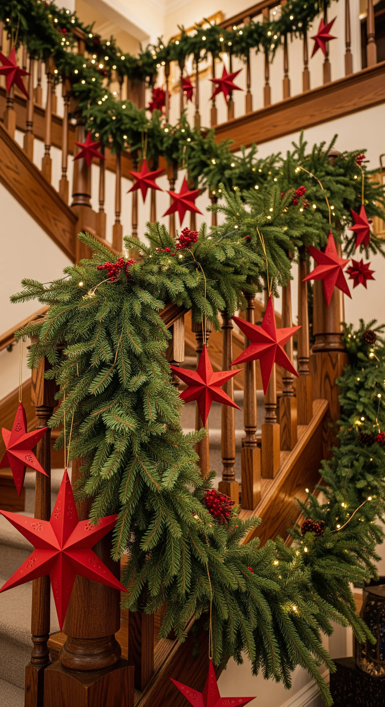 Stelle di carta rosse appese a una ghirlanda di pino che avvolge un corrimano