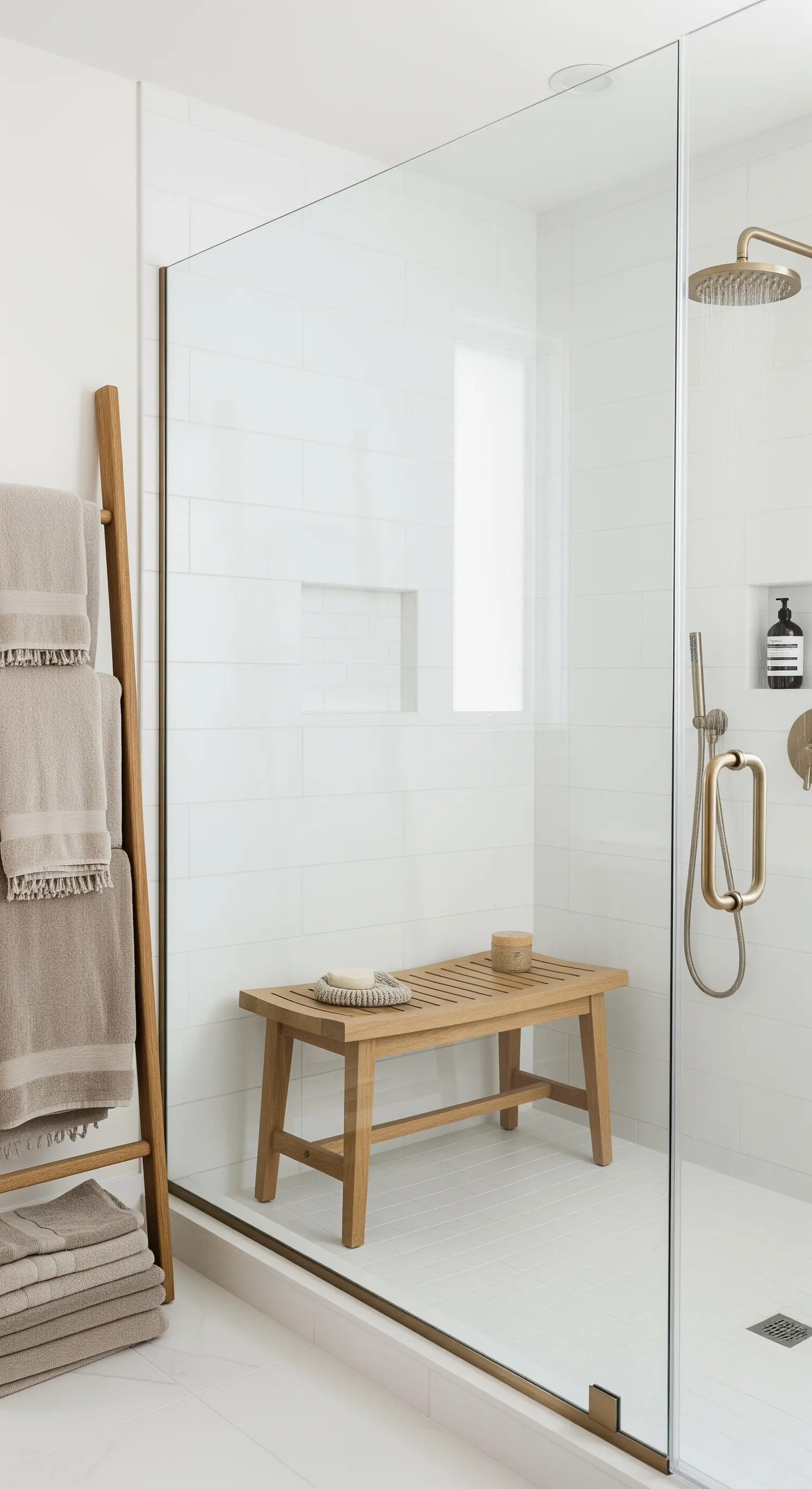 Doccia moderna con piastrelle bianche, panca in legno e dettagli dorati.
